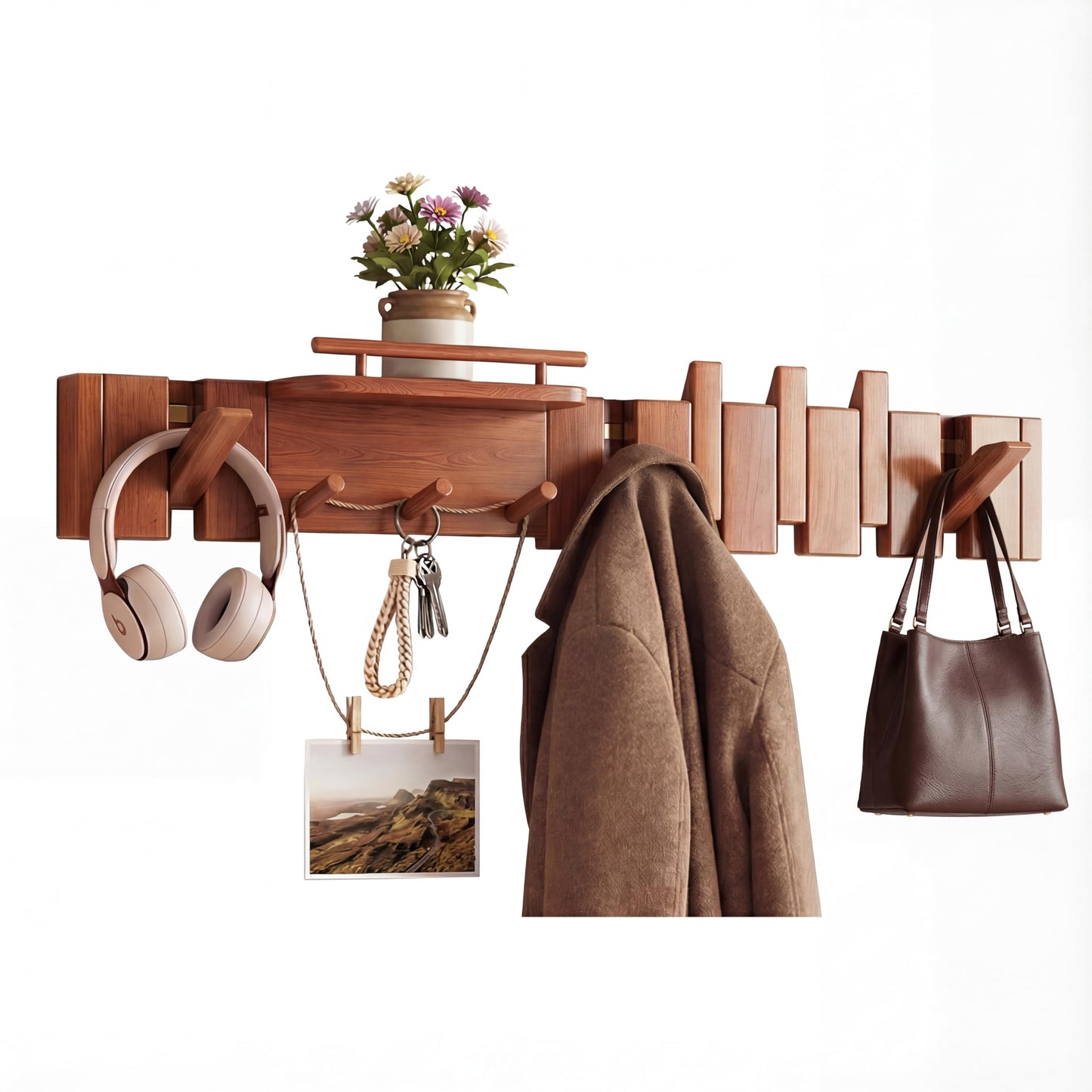 EasTeebw Mid Century Modern Walnut Foldable Entryway Wall Coat Hanger Hook with Shelf,Heavy Duty Wooden Piano Hidden Towel Hooks for Bathroom,Wall Rack for Purse&Key&Mail,Home Decor (Walnut, 9 Hooks)