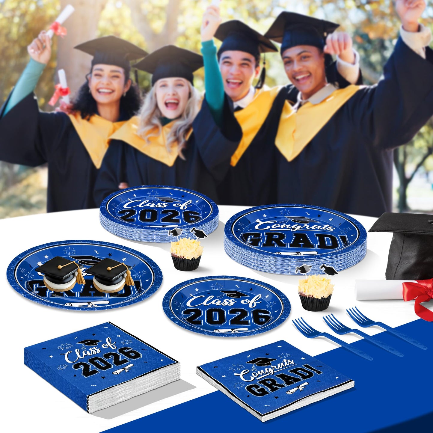200Pcs Graduation Decorations 2026, Blue Graduation Plates and Napkins Party Supplies for 50 Guests, Disposable Grad Plates, Napkins, Dessert Plates and Forks for Grad Decor Wedding Birthday Supplies
