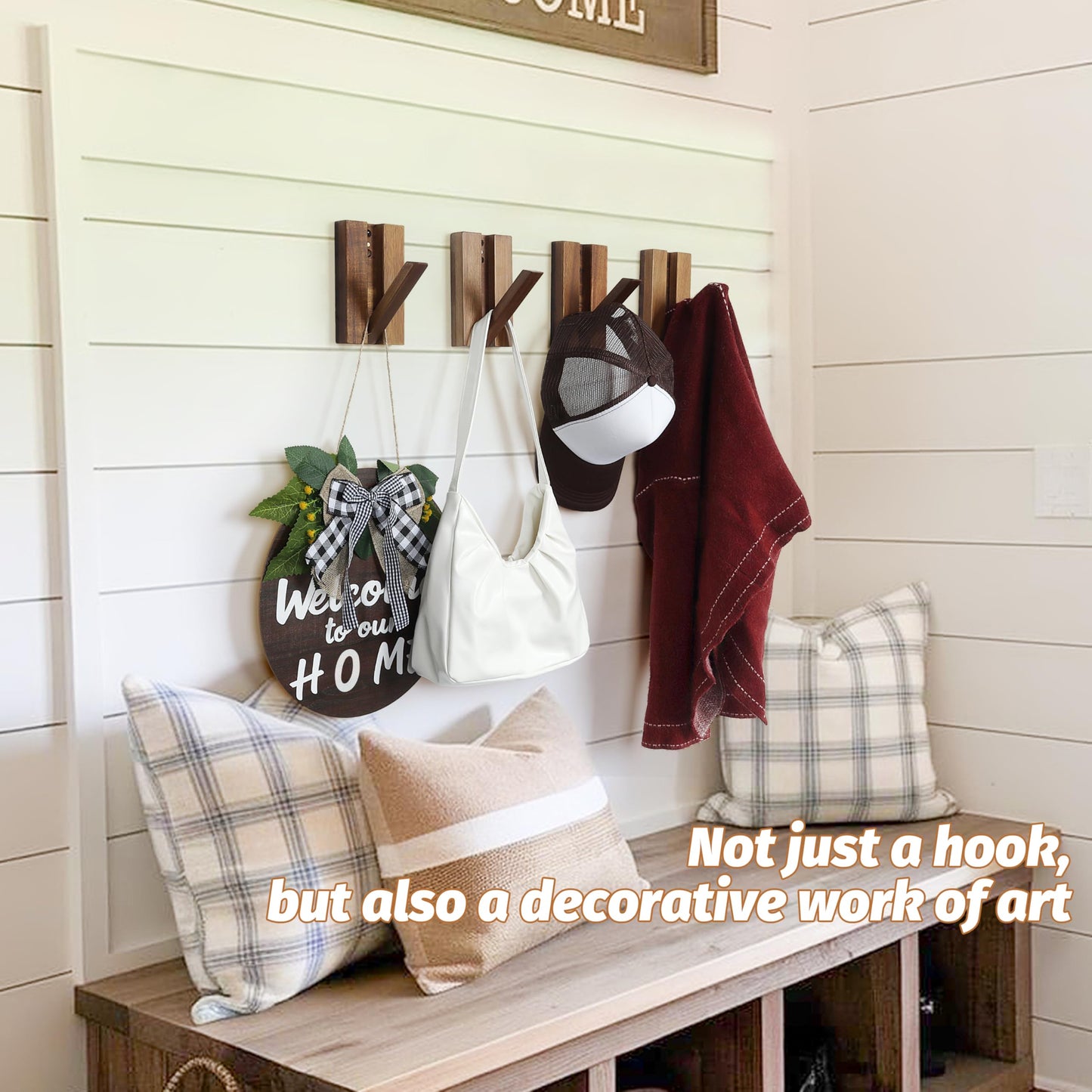 KYIAANY Foldable Wall Hooks 4Pack: Rustic Wooden Coat Hooks Mounted for Heavy Duty Hanging Towels Backpack Bags Hats, Space Saving Minimalist Decorative Hooks for Aesthetic Homeowners
