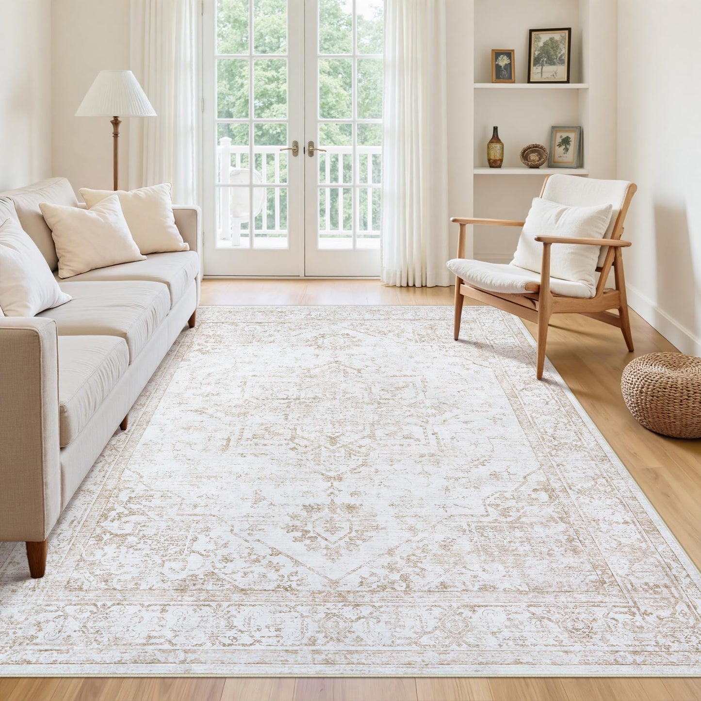 Area Rug 6x9 Living Room Rug Washable:No-Slip Vintage Medallion Rug Soft Low Pile Large Beige Rugs Indoor Retro Carpet for Living Room Kitchen Nursery Dining Table Office (Beige, 6'x9')