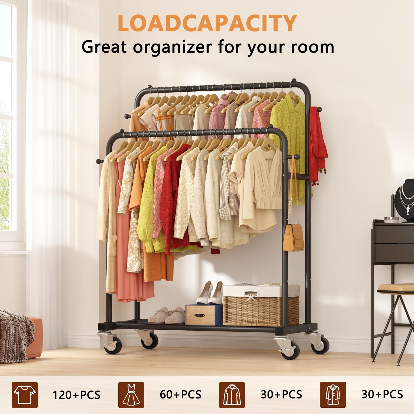 Laiensia Double Rods Garment Rack with Wheels, Clothing Rack for Hanging Clothes,4 Hooks, Multi-functional Bedroom Clothes Rack, Black