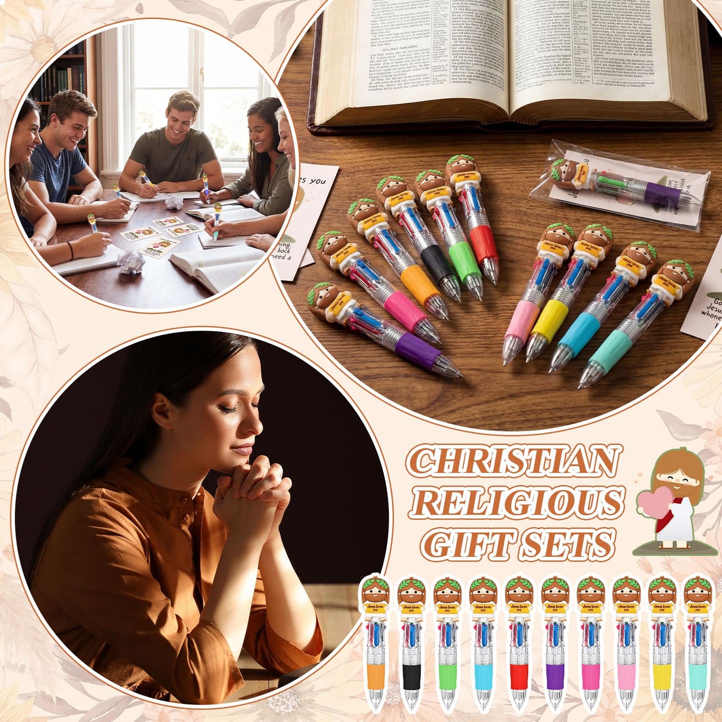 Sayglossy 100 Sets Christian Little Jesus Figure Pens Gifts Bulk, 4-in-1 Jusus Loves You Multicolor Ballpoint Pen Favor with Positive Cards for Friends Church Member Prizes Reward