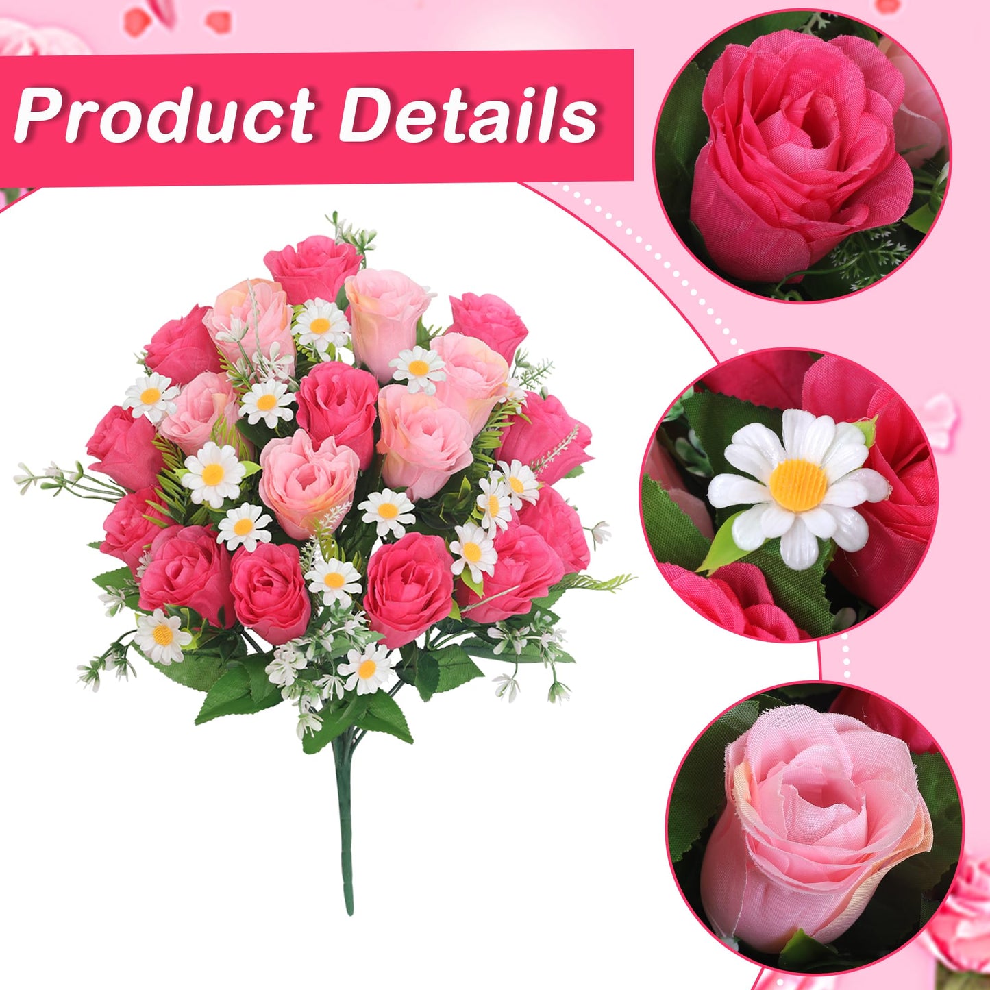 Wocst Artificial Cemetery Flowers for Grave Memorial Day Flowers for Cemetery,2Pack Artificial Silk Roses Daisy Bouquets with Cemetery Vases for Outdoor Grave Decorations ﻿ (Pink)