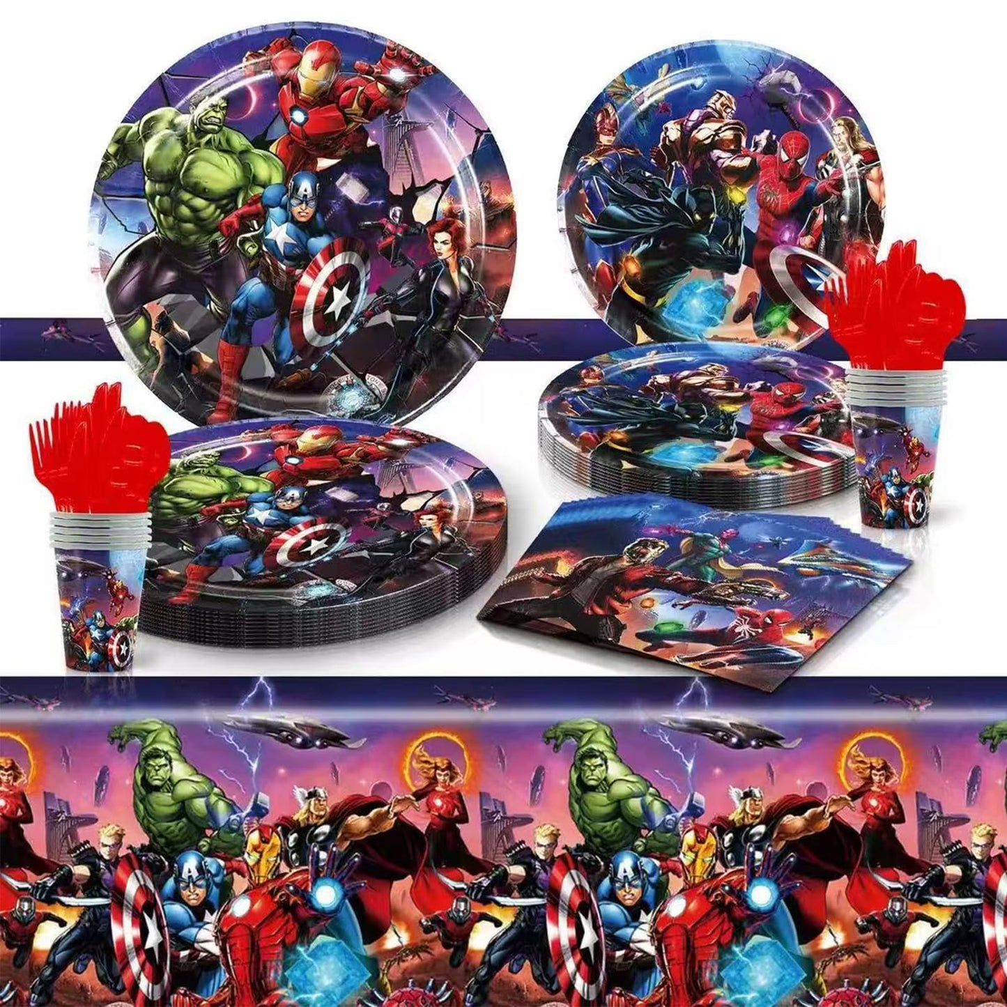 111 Psc superhero Birthday Party Supplies Set, Avengers Theme, Plates, Cups, Utensils, Napkins, Tablecloth