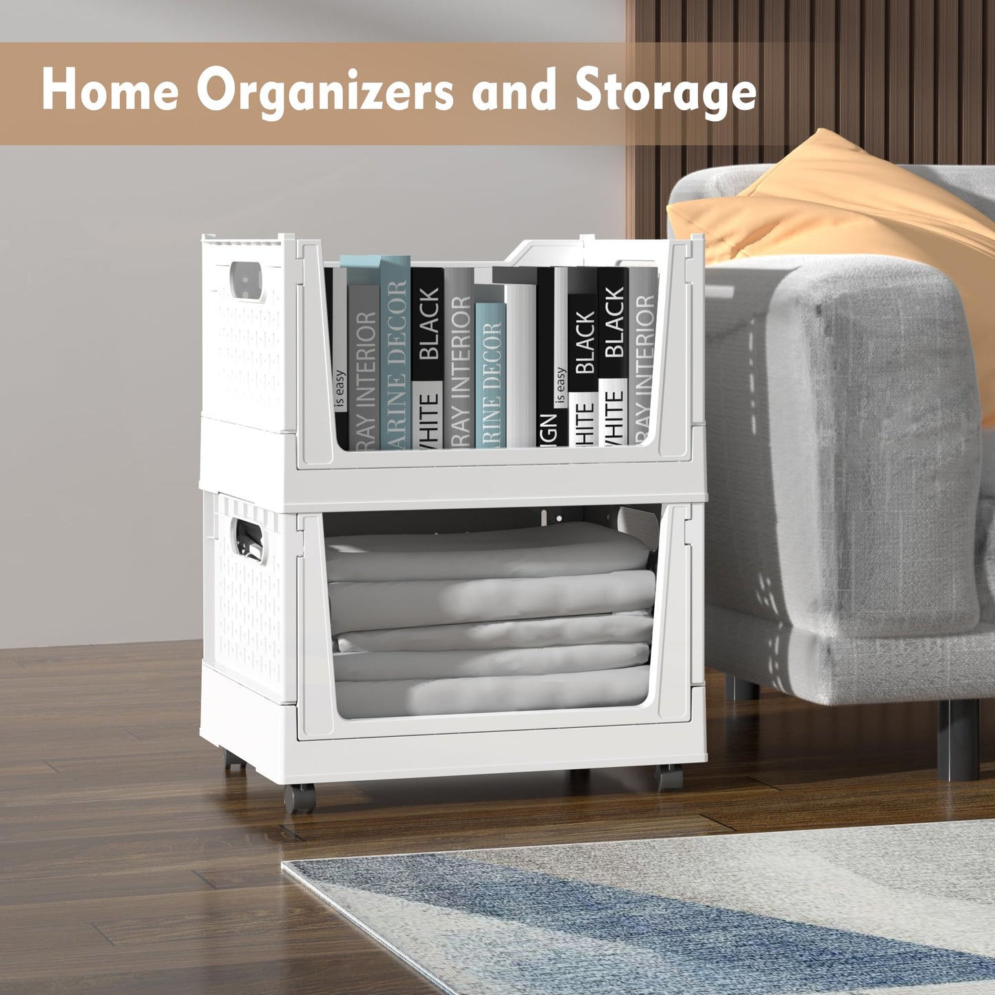Stackable Plastic Storage Basket, 3 Pack Foldable Closet Organizers and Storage Bins with Wheels, Collapsible Drawer Shelf Storage Box Container for Office Bedroom Closet Wardrobe Kitchen Bathroom