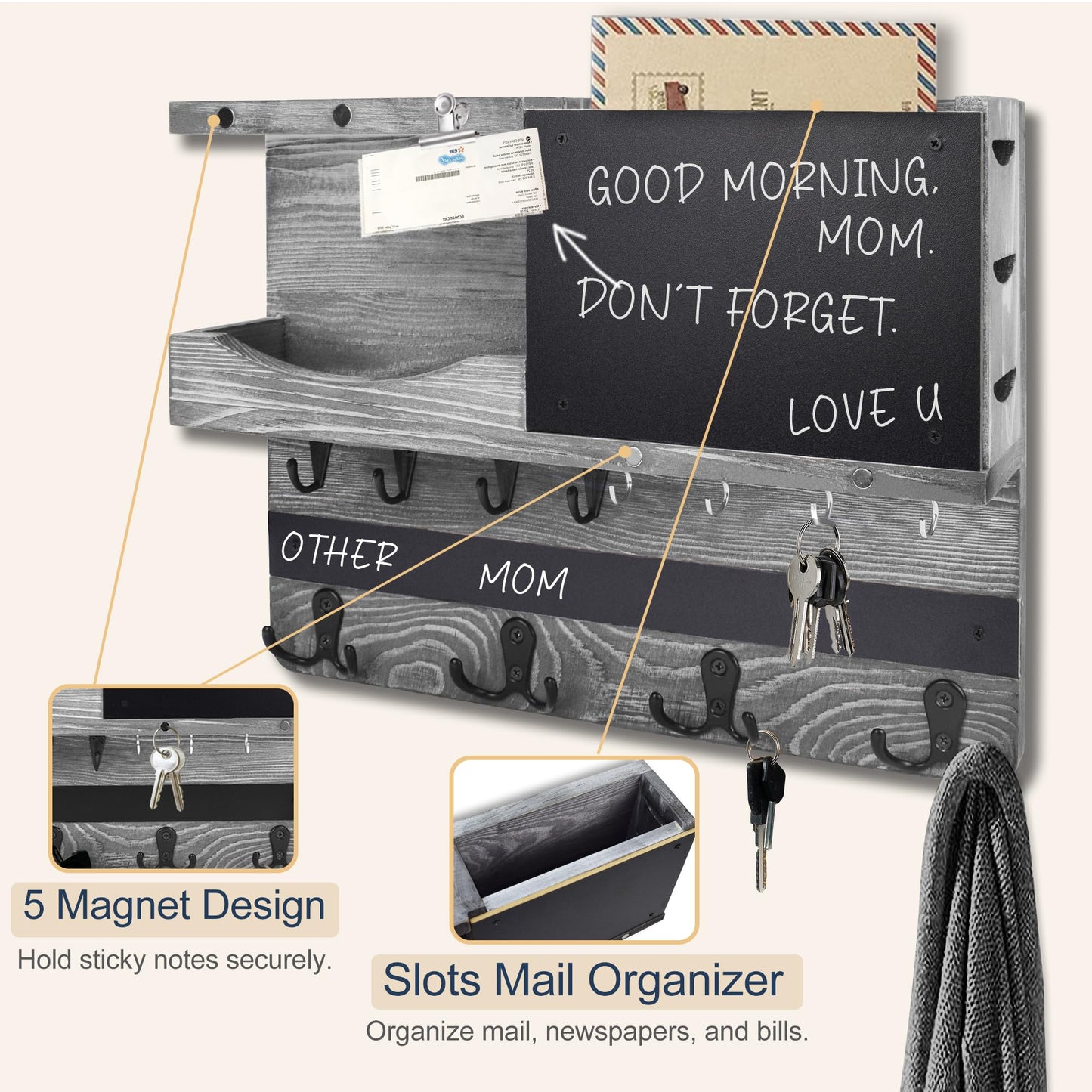 HEKOOLA Key Holder for Wall Mount with Shelf and Mail Organizer, Key and Mail Holder with 16 Hooks, Farmhouse Entryway Organizer, Home Decor Rack(Pine Wood,Washed Gray)
