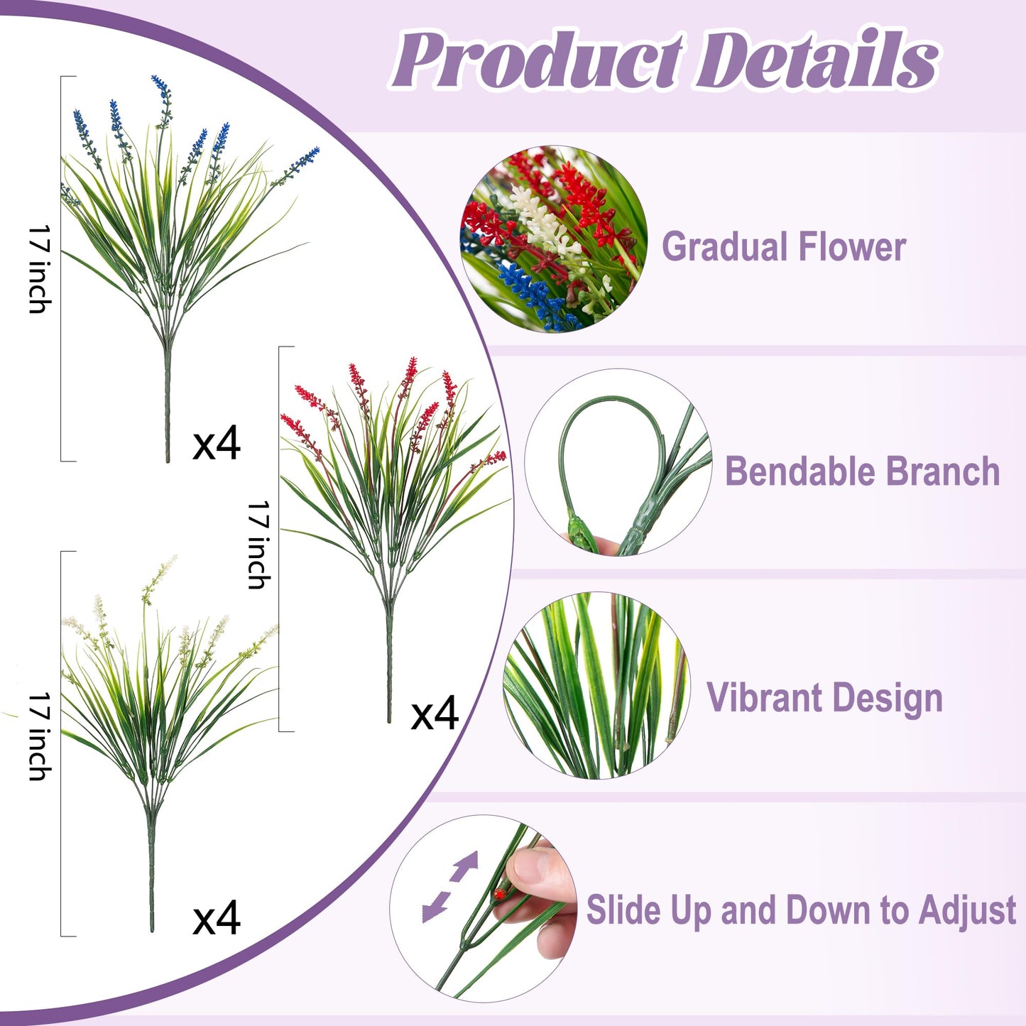 Ammyoo Artificial Faux Plants for Outdoor Spring Decoration, 12 Pcs Fake Monkey Grass for Garden Porch Balcony Planters, Fake Flowers Shrubs UV Resistant No Fade Plants Greenery Bush (Red Blue White)