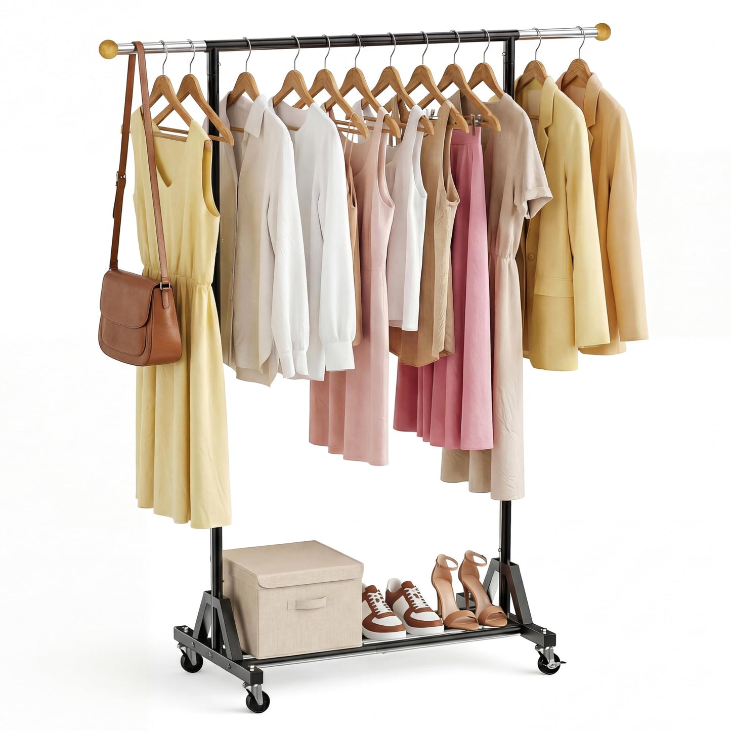 HRUSGO Rolling Garment Rack - Retractable Clothes Rack with Hanging Rods, Lockable Wheels and Bottom Storage Shelf - Sturdy Coat Rack, Freestanding Clothing Organizer for Bedroom, Laundry & Closet