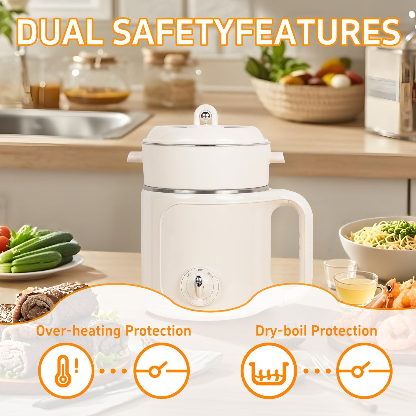 Ksalinameslon Electric Hot Pot with Steamer: 2.0L Ramen Cooker, Multifunctional Stainless Steel Electric Pot, Portable, Dual Power Adjustment for Dorm, Office, Travel