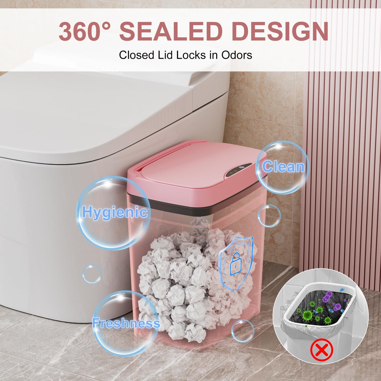 Vanpopubs 2 Pack 2.7 Gal Bathroom Trash Can with Lid, Automatic Trash Can Small Smart Garbage Can Touchless, Slim Motion Sensor Waterproof Plastic Trash Bins for Bedroom Office Kitchen Toilet Pink