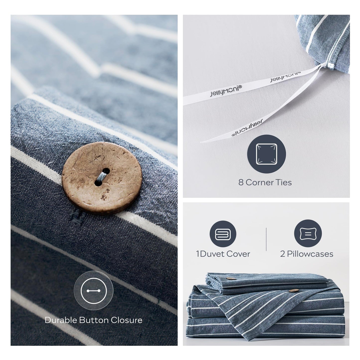 JELLYMONI Washed Cotton Duvet Cover Queen Size – Breathable & Cozy Bedding Set for Modern Homes, Dorms & Guest Rooms, Blue Striped Comforter Cover with Button Closure, 1 Duvet Cover & 2 Pillowcases