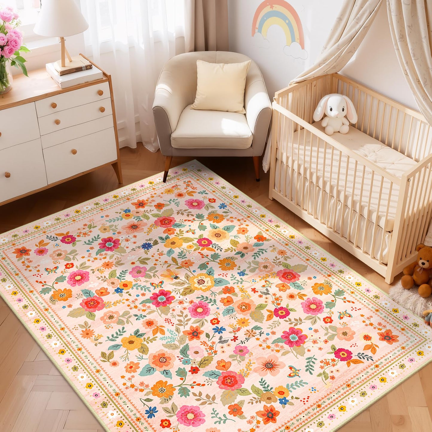 meejou 5x7 Area Rugs for Living Room Vacuum-Friendly Machine Washable Area Rug Flower Floral Printed Pattern Low Pile Non-Slip Carpet for Bedroom Hallway Entryway, Pink Beige