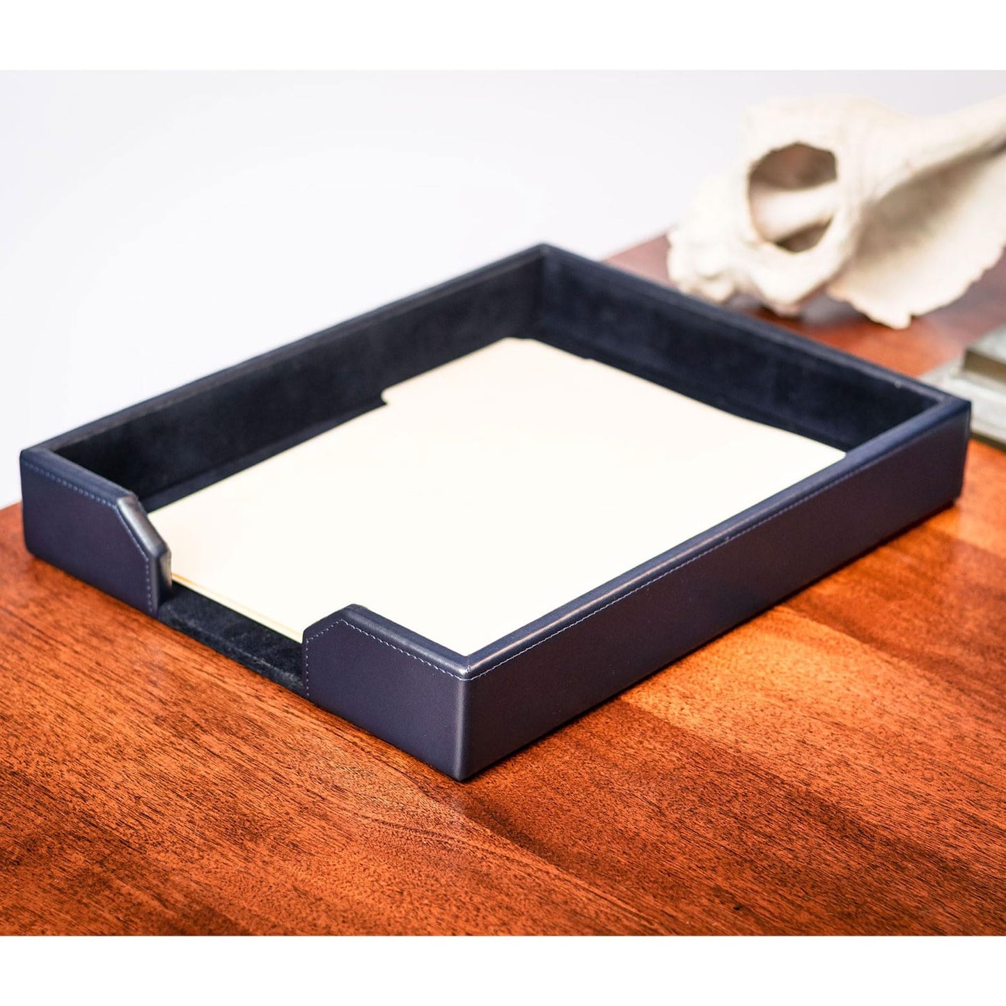 Dacasso Navy Blue Bonded Leather Luxury Letter Tray Holder & Paper Organizer for Desk - Executive Desk Decor & Office Organization Essential