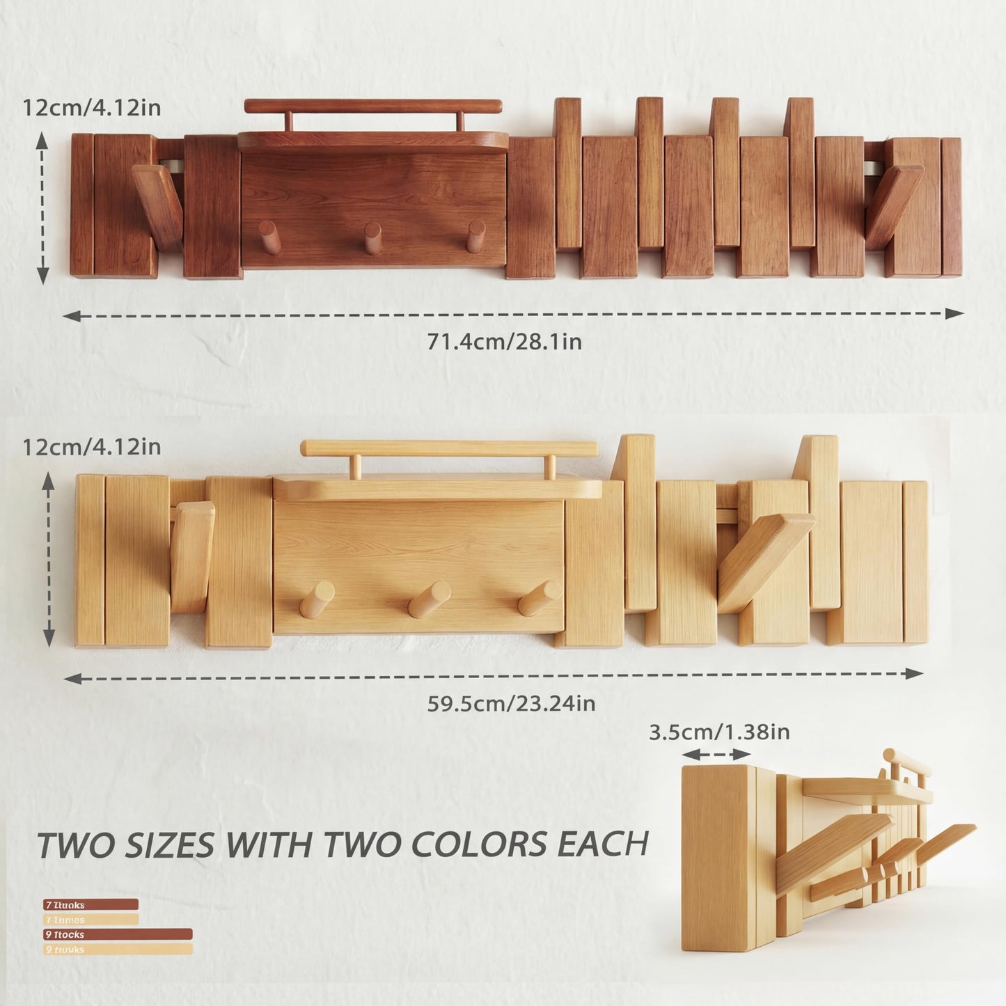 EasTeebw Mid Century Modern Walnut Foldable Entryway Wall Coat Hanger Hook with Shelf,Heavy Duty Wooden Piano Hidden Towel Hooks for Bathroom,Wall Rack for Purse&Key&Mail,Home Decor (Walnut, 9 Hooks)