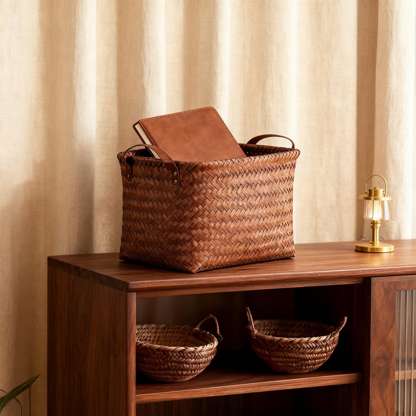 Stylave 15L Laundry Baskets Waterproof Storage Baskets For Shelves Large Laundry Hamper With Leather Handle -set of 4 Cube Organizers Woven Bins for Bathroom,Bedroom,Pantry,Clothes,Car & Towels-Brown