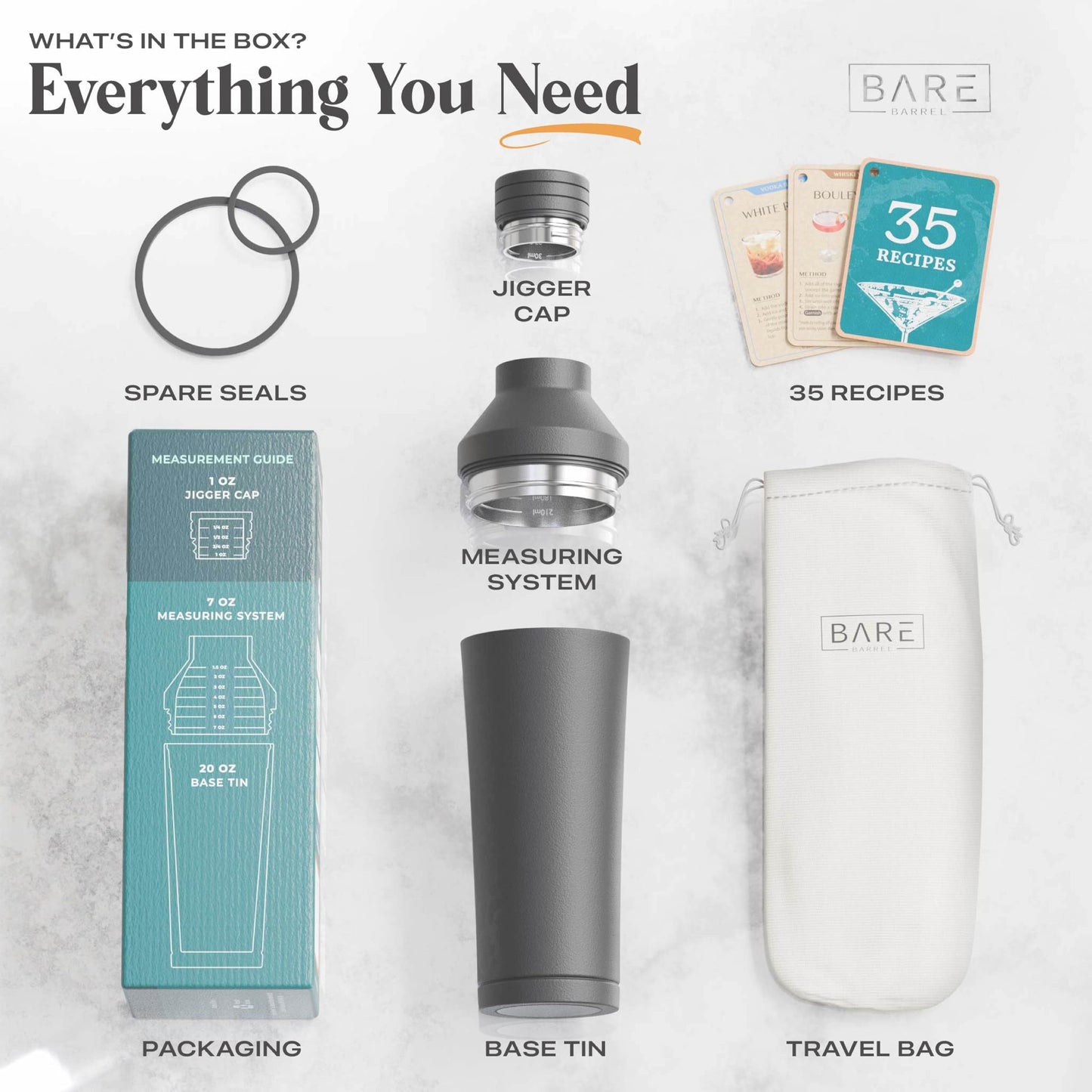 BARE BARREL Insulated Cocktail Shaker Set | Double Wall Stainless Steel | Martini Shaker for Home Bar Bartending | Built-in Drink Measure System & Strainer, Travel Bag, Recipes | Gift Set (Dark Black)