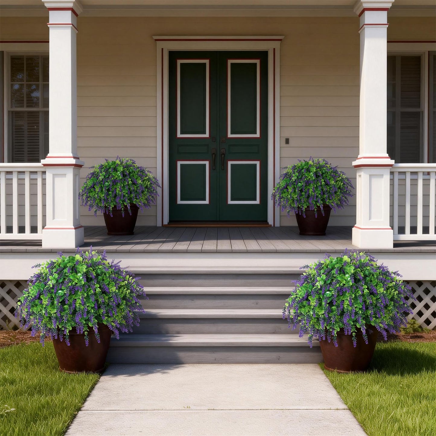 Artificial Eucalyptus & Lavender Topiary Ball Tree for Front Door - Set of 2 Topiary Trees with Pots, UV Resistant Faux Bushes Potted Plants for Porch Garden Farmhouse Outdoor Decoration