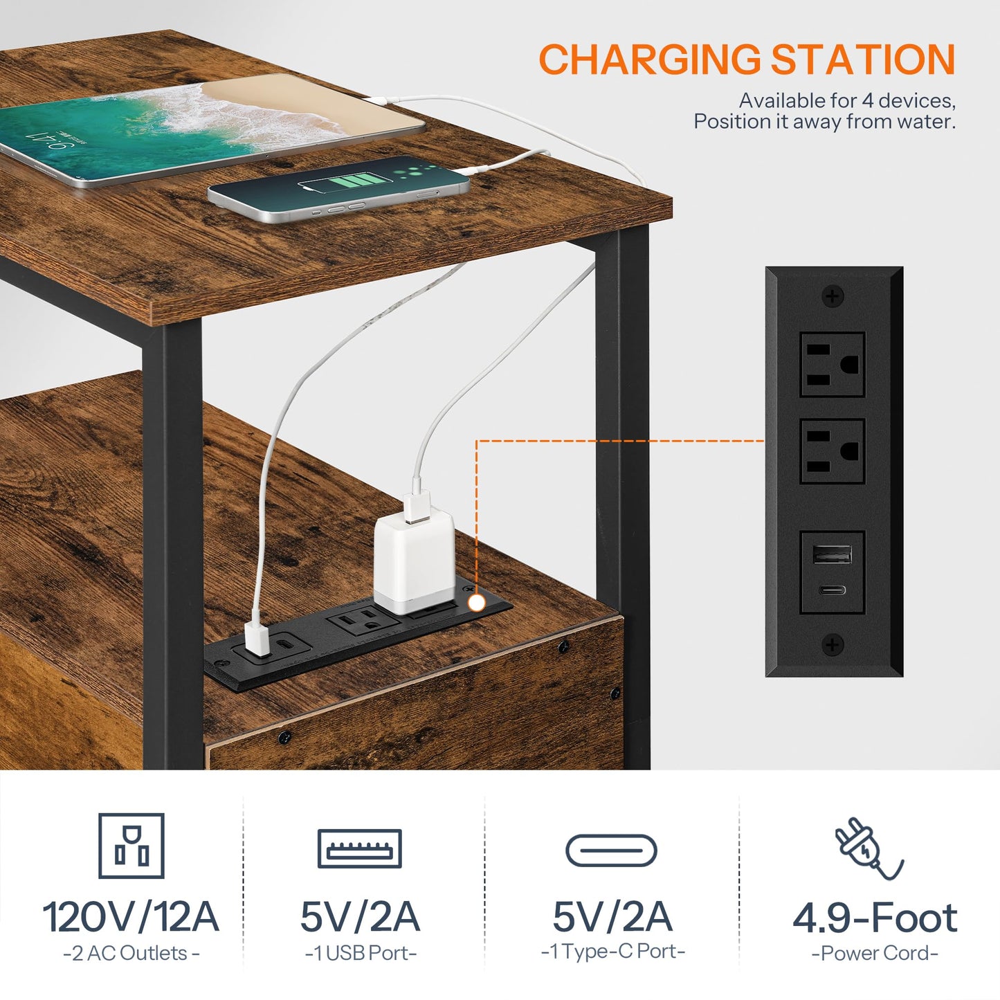 HOOBRO End Table with Charging Station, Narrow Side Table with 2 Drawer & USB Ports & Power Outlets, Nightstand for Small Spaces, for Living Room, Bedroom, Rustic Brown and Black BF541BZ01