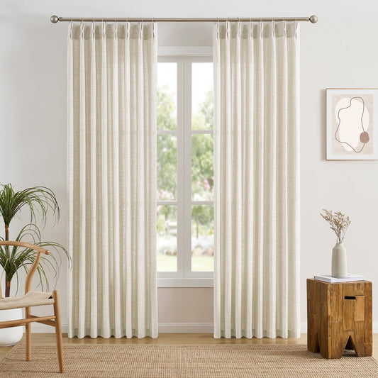 105 Inch Curtains Drapes Pinch Pleated Memory Trained Back Tab Light Filtering Semi Sheer Linen Textured Curtain for Bedroom Living Room with Hooks Window Panels 105 Inches Long 50 Inch Wide