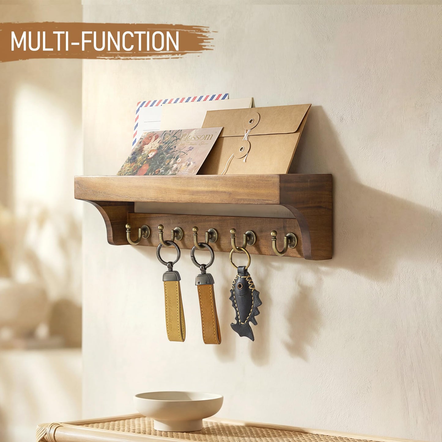 Rebee Vision Acacia Wood Farmhouse Key Holder Wall Mount for Room Decor – Retro Key Holder for Wall with Shelf for Cute Things– Stylish Home Storage for Apartment Essentials (Acacia Wood)