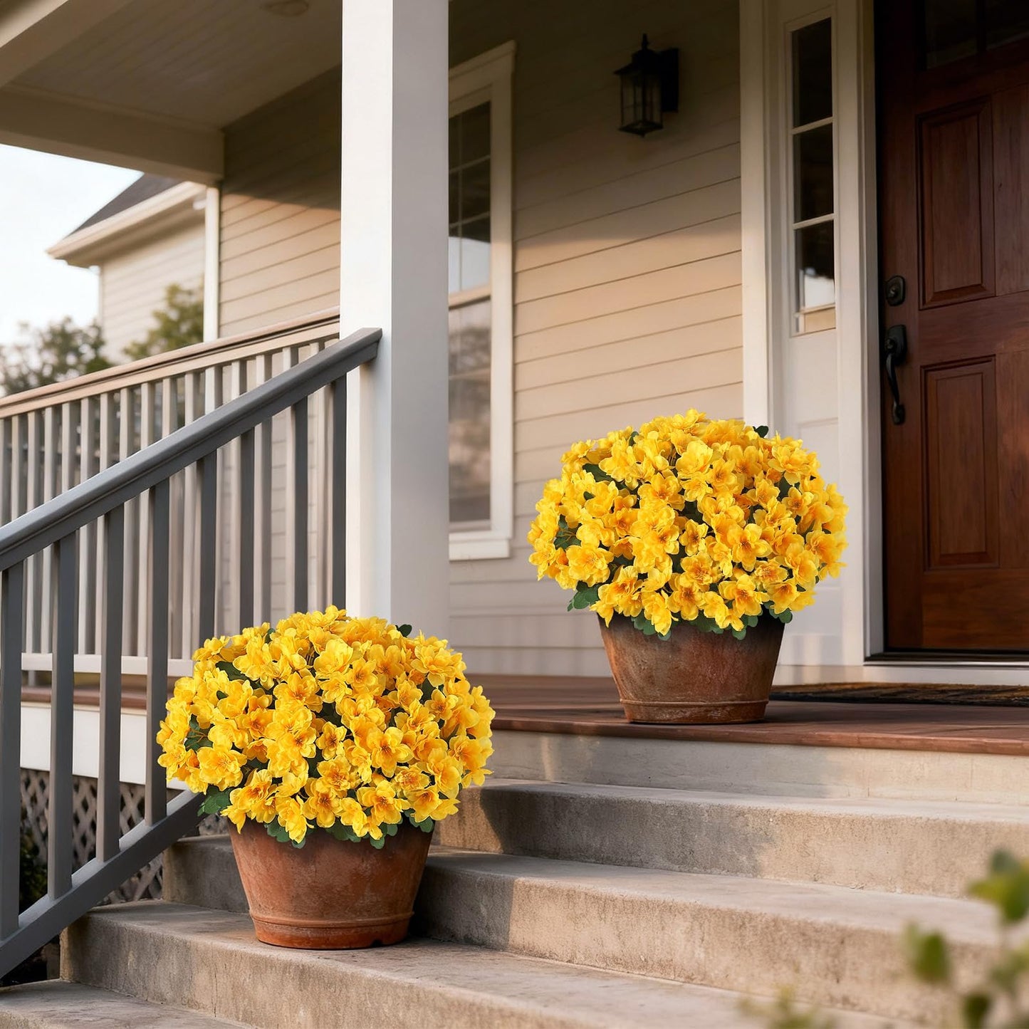 YXZZWL Set of 2 Artificial Azalea Flower Topiary Trees - Fake Silk Flower Potted Plants, Sun-Resistant Faux Outdoor Azalea Bushes for Front Door, Garden, Yard, Farmhouse Decor (Yellow)