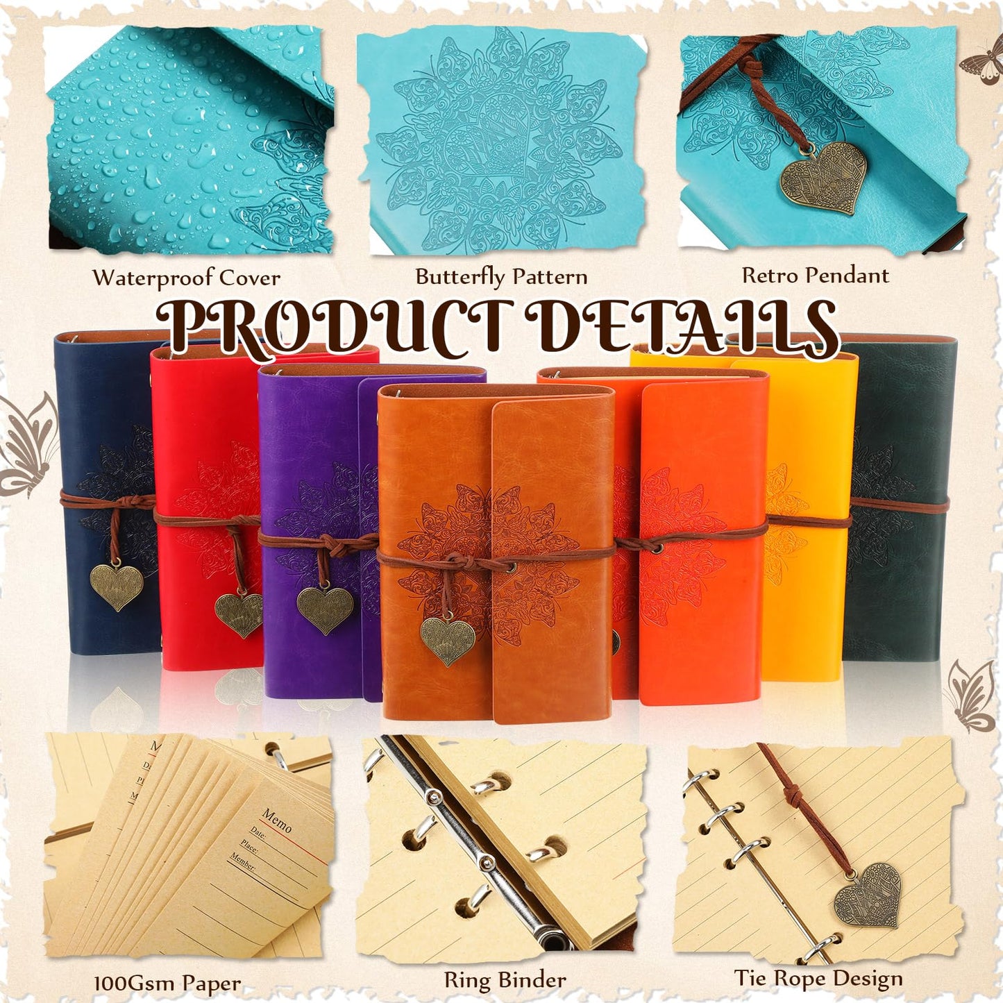 Yeaqee 10 Pack PU Leather Journal Notebook Refillable Travel Vintage Journal 6 Ring Binder Diary with Lined Pages Diary Daily Writing Notepad Gift for Women Girls Boys Classroom Reward, A6 7" x 5"