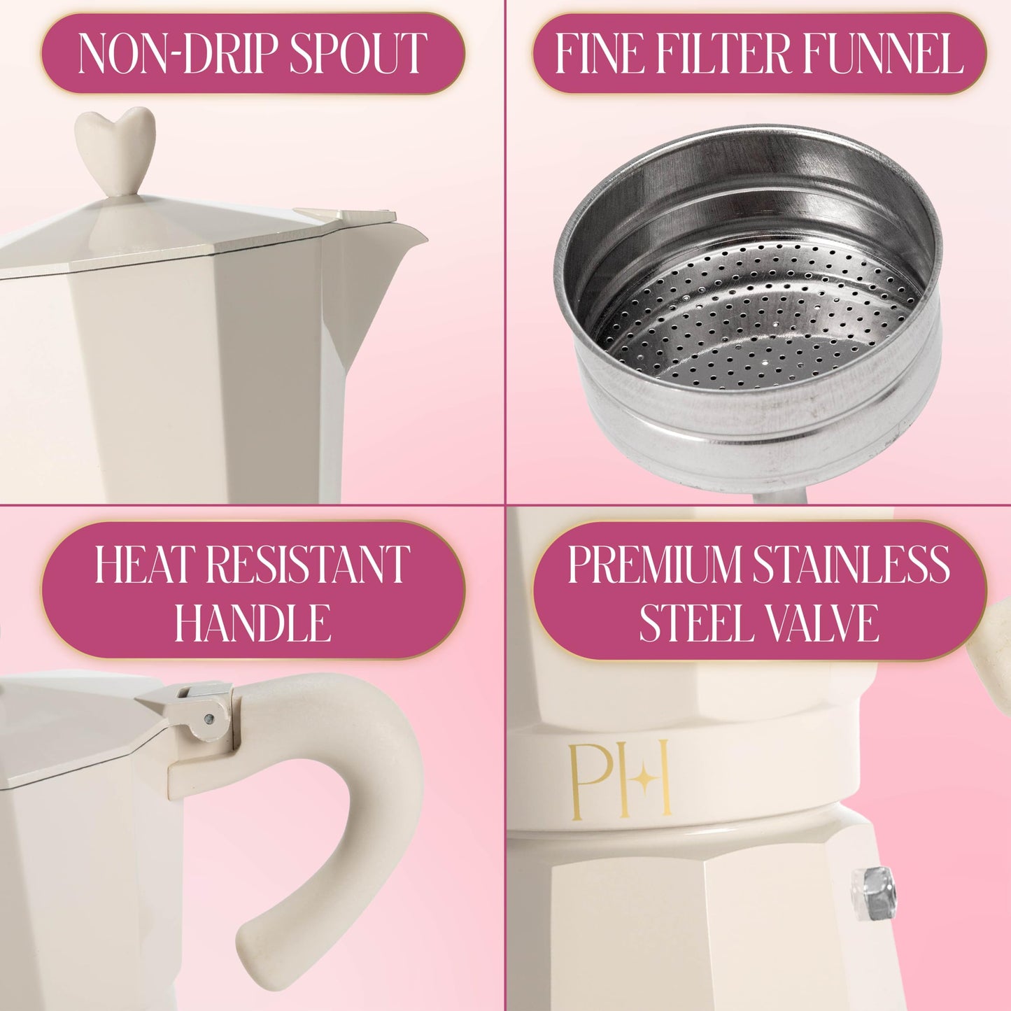 Paris Hilton Stovetop Espresso and Coffee Maker, Italian & Cuban Style Coffee Pot with Iconic Heart Knob, Perfect for Rich Aromatic Espresso, Makes up to 6 Espresso Cups, Cream