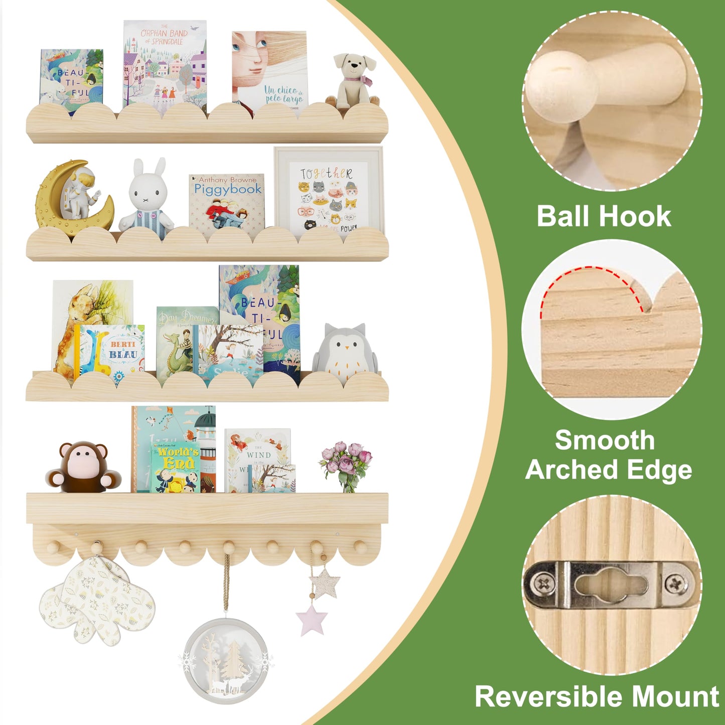 CLLASOU 24 Inch Floating Shelves for Wall, 4-Pack Nursery Book Shelves with Hooks, Scalloped Shelves, Wall Book Shelves for Kids Room, Baby Room, Bedroom, Nursery Decor