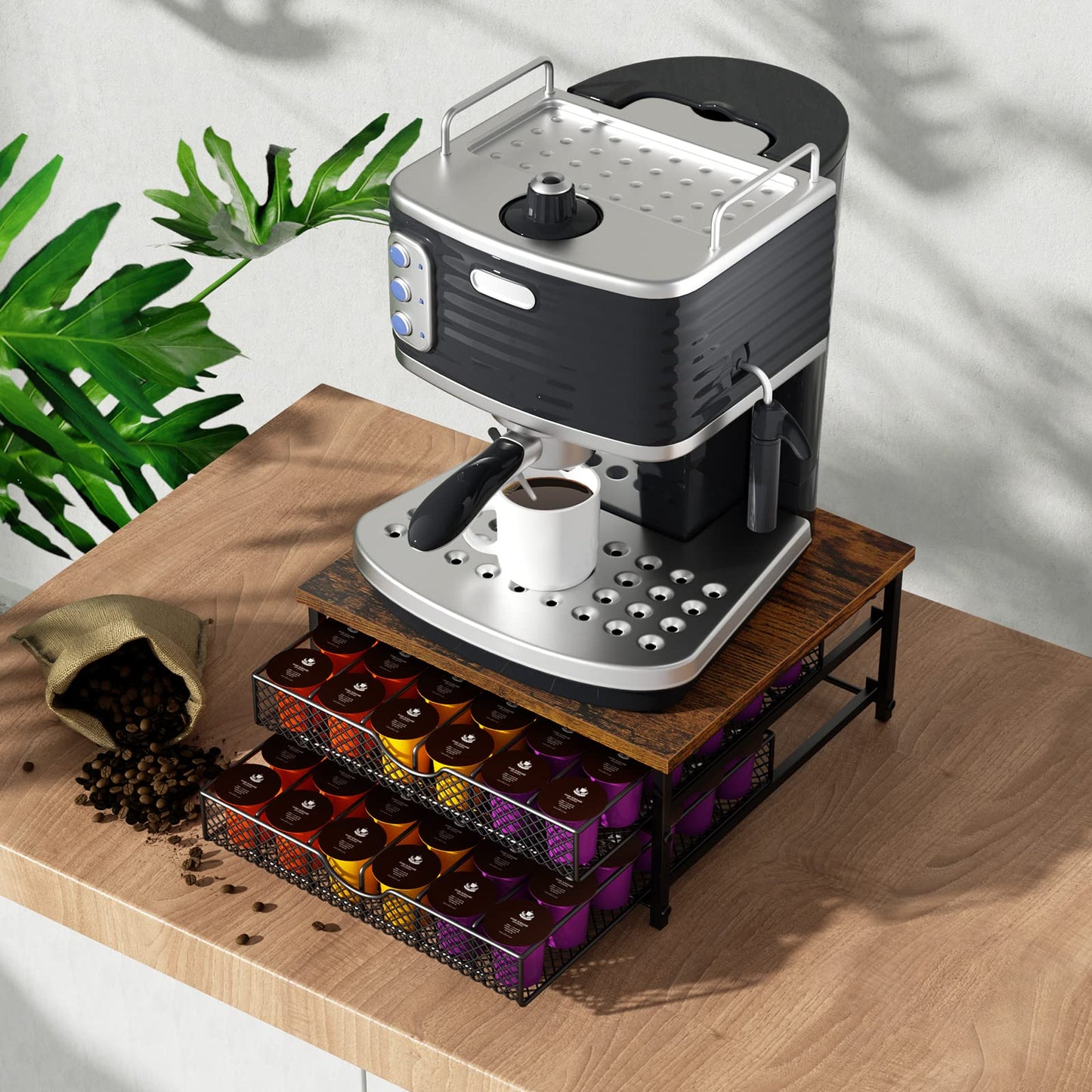 Coffee Pod Drawer K Cups Organizer 2-Tier Coffee Pod Storage Holder with Drawer Baskets 72 Capacity Coffee Capsule Storage Organizer Drawer, Industrial Brown and Black