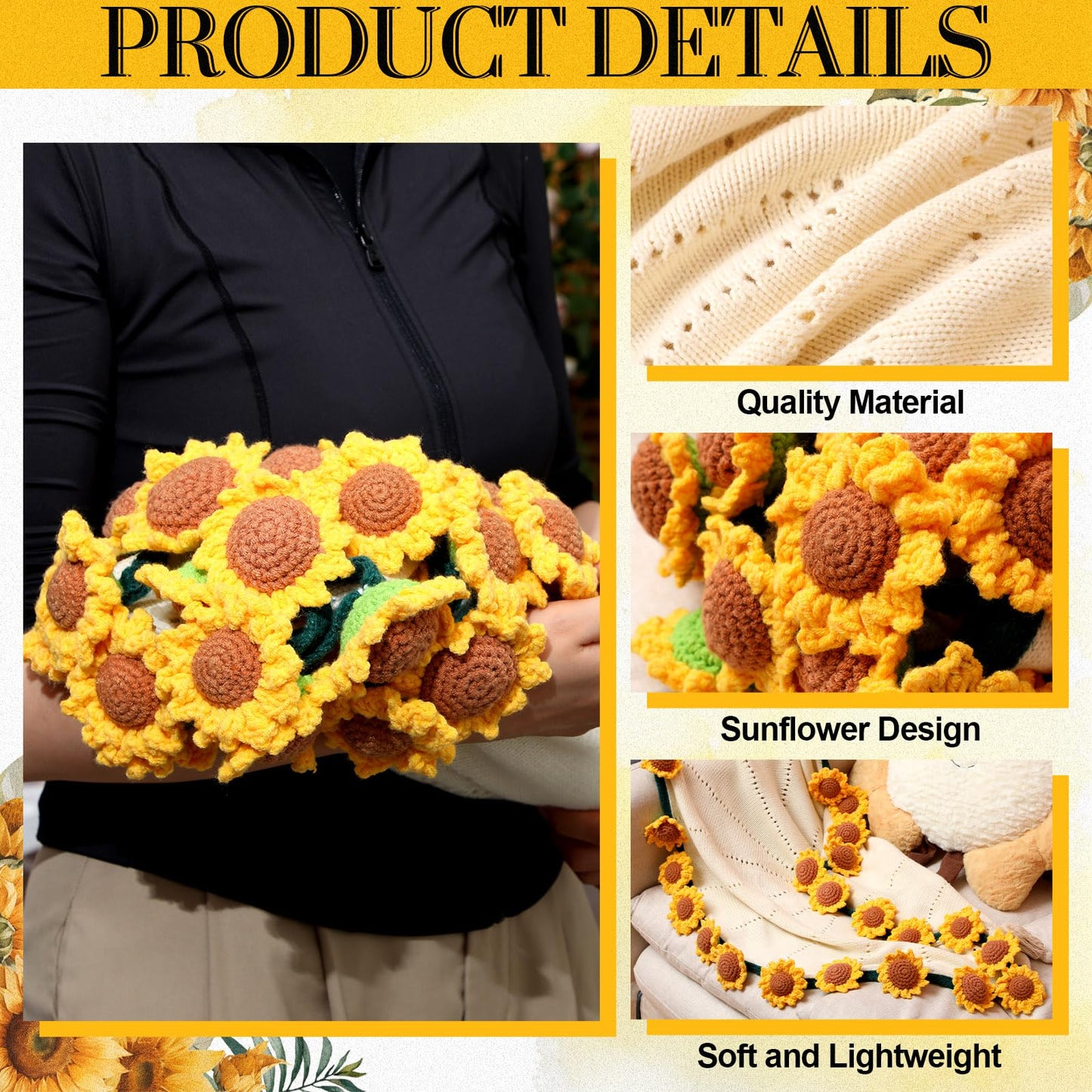 WovWeave Sunflower Crochet Knitted Blanket - 31.5 inch Finished Yellow Floral Bloomie Bouquet Blanket for Women Birthday Gift Anniversary Wedding Party Favors