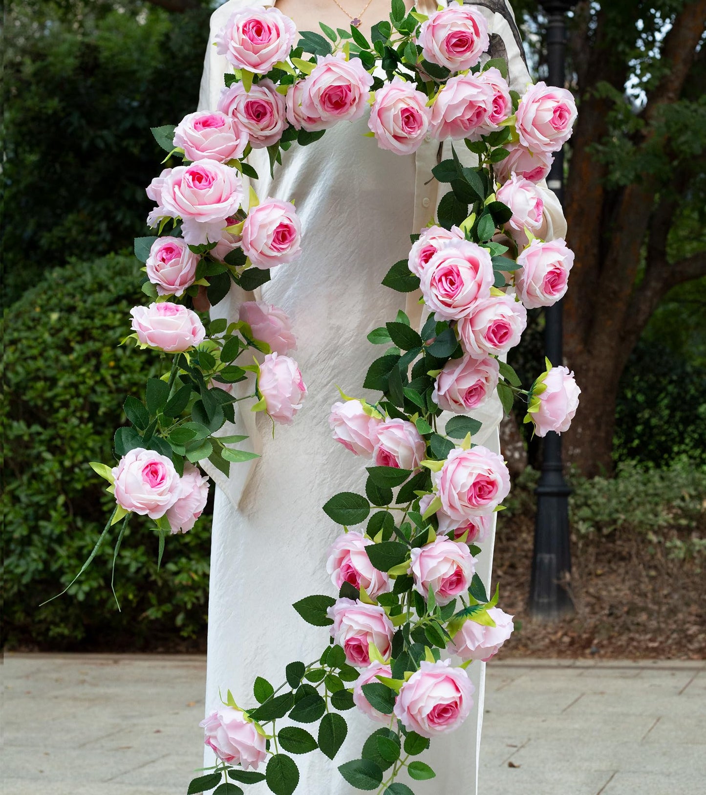 zhixinyue 2Pcs 12Ft Bendable Artificial Flower Garland Faux Rose Vine Hanging Floral Garland for Wall Decor Trellis Fence Home Room Garden Wedding Decoration(Pink, 2pcs)