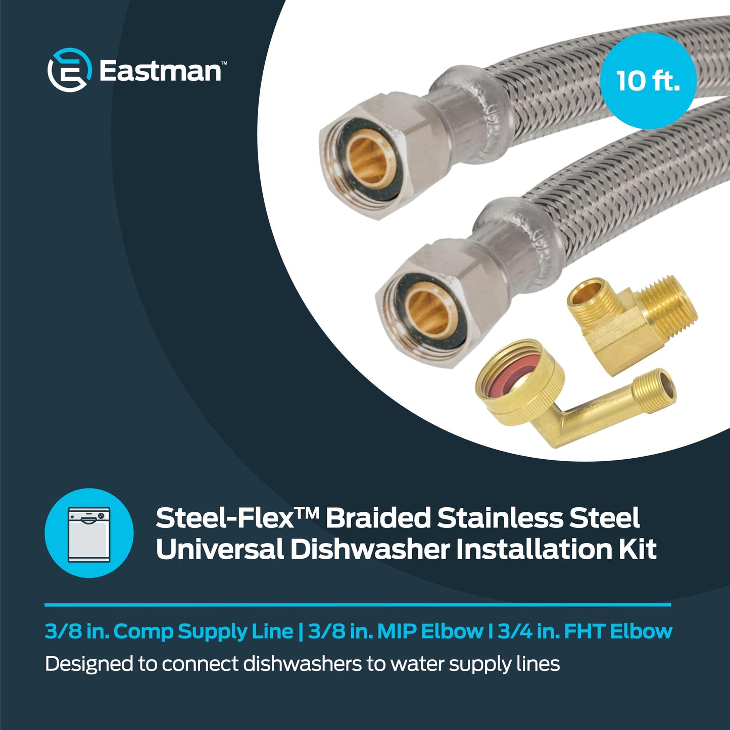 Eastman 10 Ft. Dishwasher Installation Kit, Braided Stainless Steel Supply Line with 3/8 Inch Compression Ends, 41060