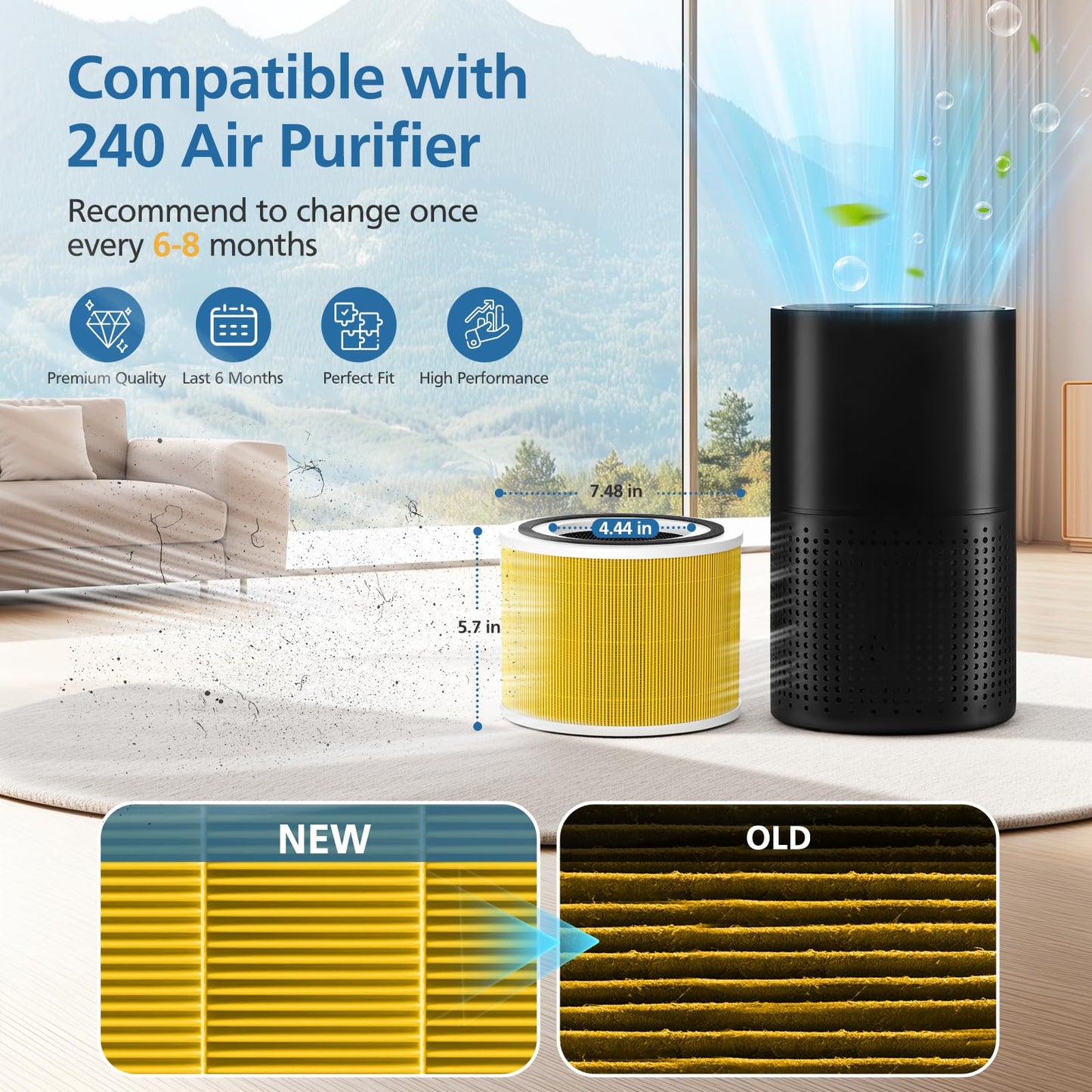2 Pack 240 Pet Care Replacement Filter Compatible with 240 Air Purifier, 3-in-1 Filter Replacement with Activated Carbon Filter, Yellow