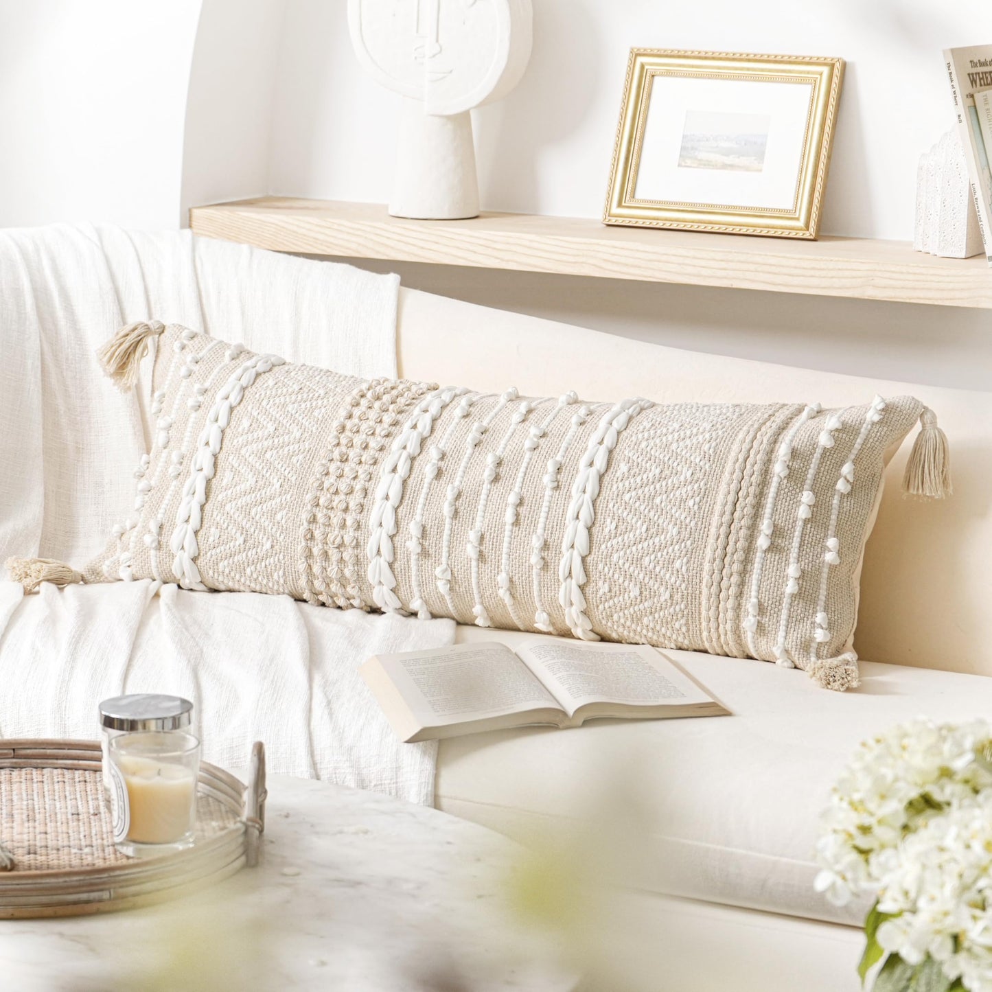BlissBlush Pure White Decorative Lumbar Pillow Cover 14x36, Boho Long Throw Pillow for Bed, Accent Lumbar Throw Pillow Case, Modern Farmhouse Textured Lumbar Cushion (Cover ONLY)