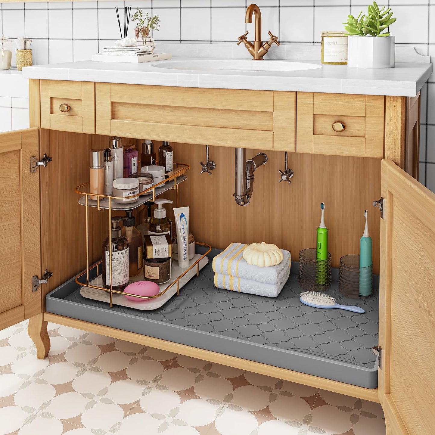 Jin&Bao Waterproof Under Sink Mat 28" x 22", Thick Silicone Mat Cabinet Protector for Kitchen and Bathroom, Shelf Liner, Home Organizer and Storage, Multipurpose Tray for Gadgets and Essentials