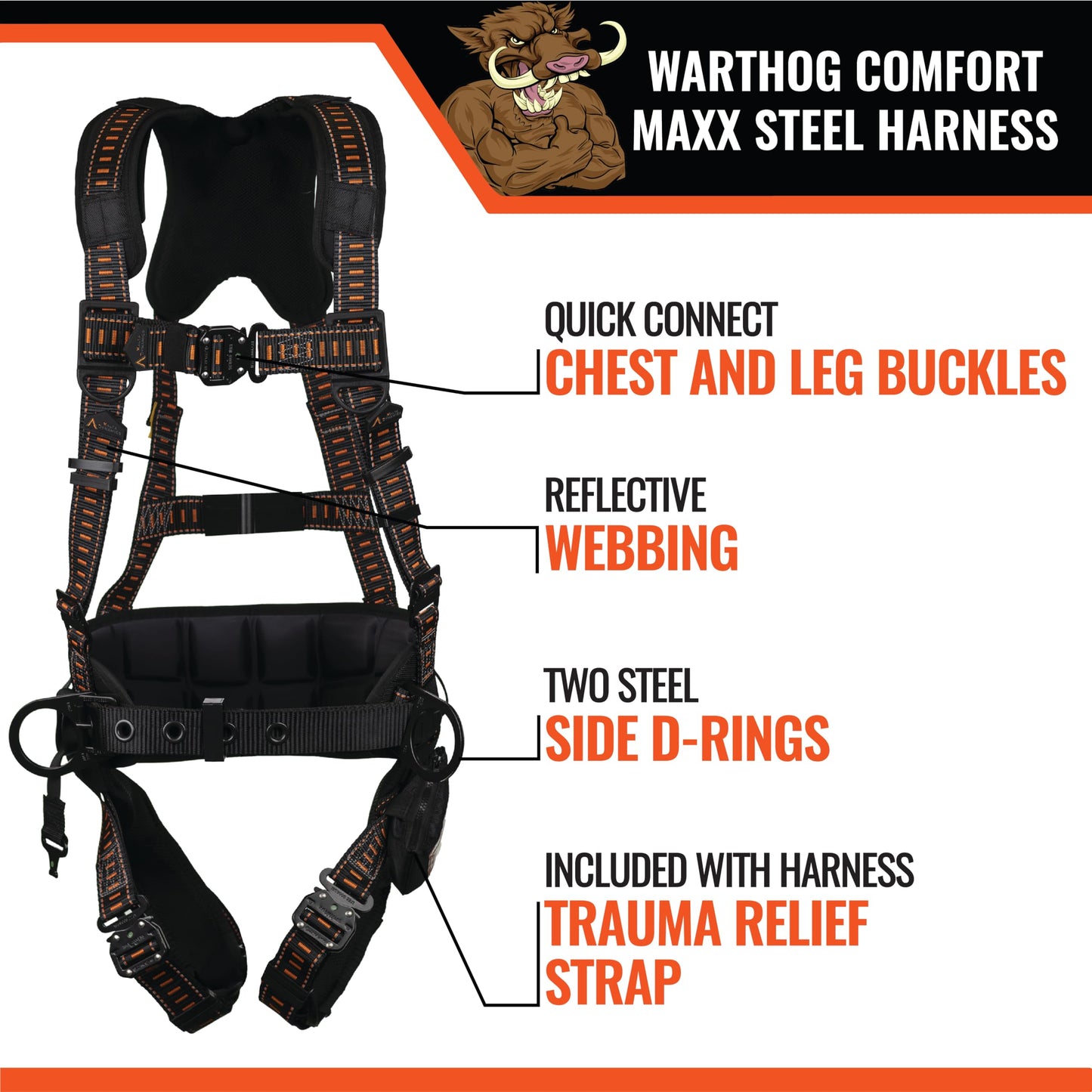 Malta Dynamics Warthog Comfort MAXX Steel Safety Harness for Fall Protection, OSHA/ANSI Rated (XXL-XXXL)