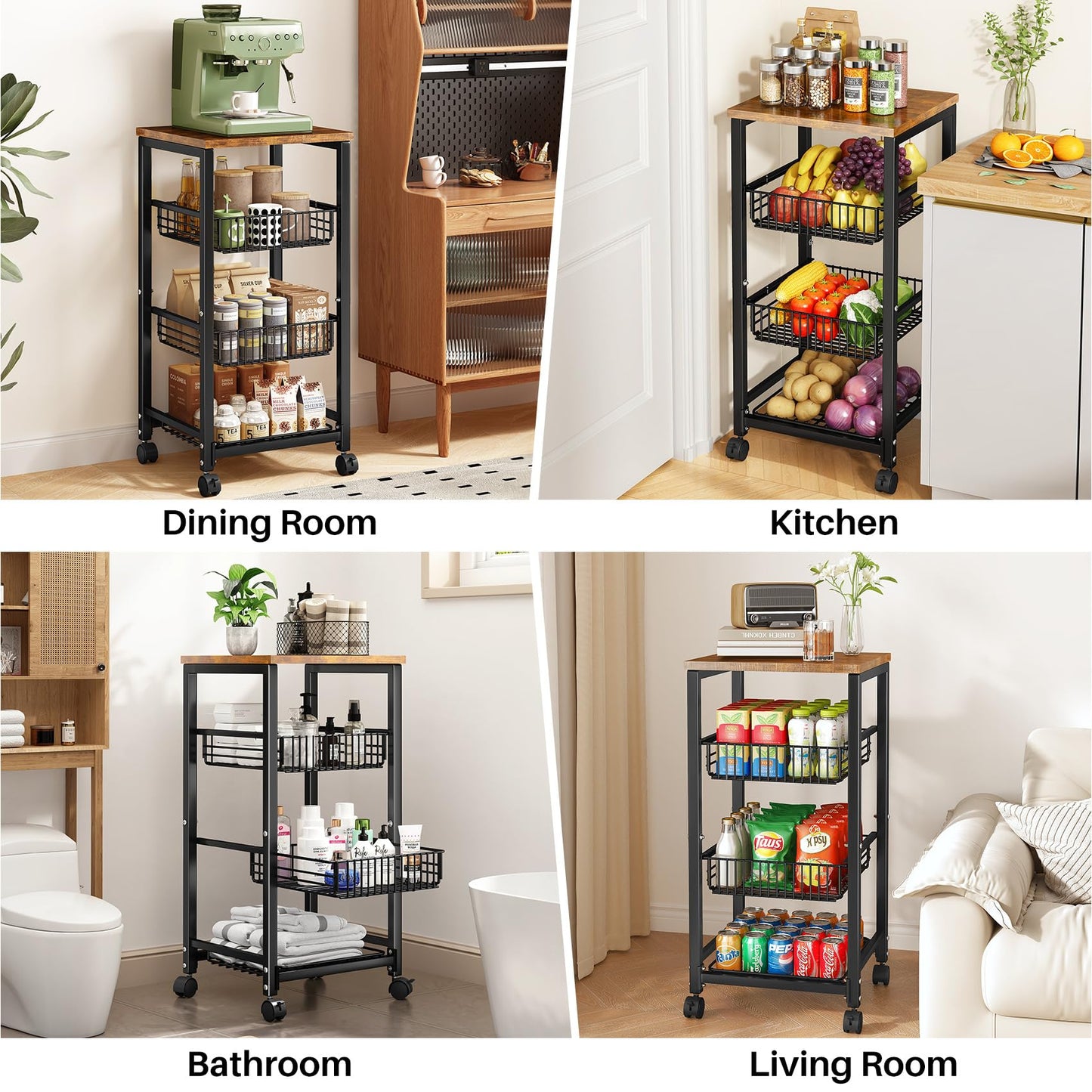 SNTD Fruit Basket Vegetable Stand for Kitchen Pantry, Pull Out Metal Wire Basket with Wood Top for Fruit Vegetable Onions Potatoes Snacks
