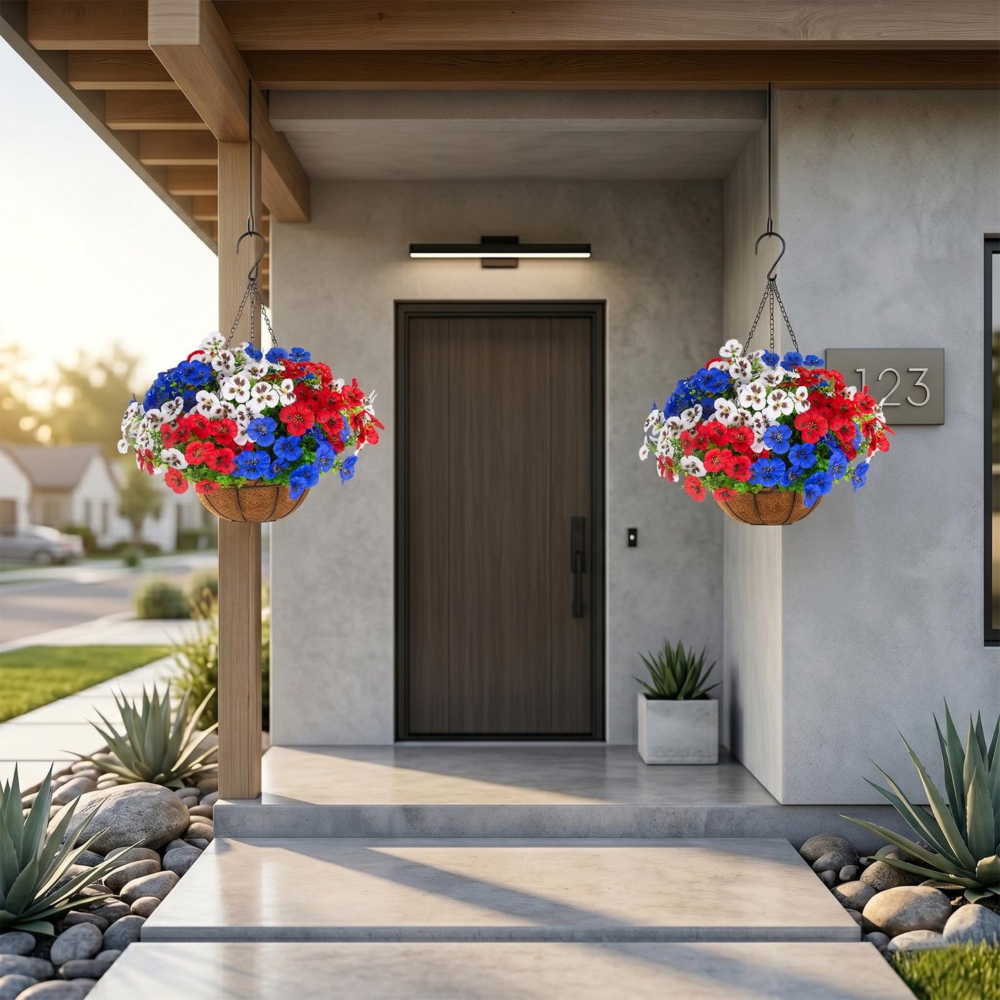 lovemoon 2 Sets Artificial Hanging Pansies Flowers with Baskets, 24 Pcs Faux Patriotic Silk Pansy Outdoor Flower for Porch Patio Garden Home Summer 4th of July Decor (Y/P/W) (2, RedWhiteBlue)