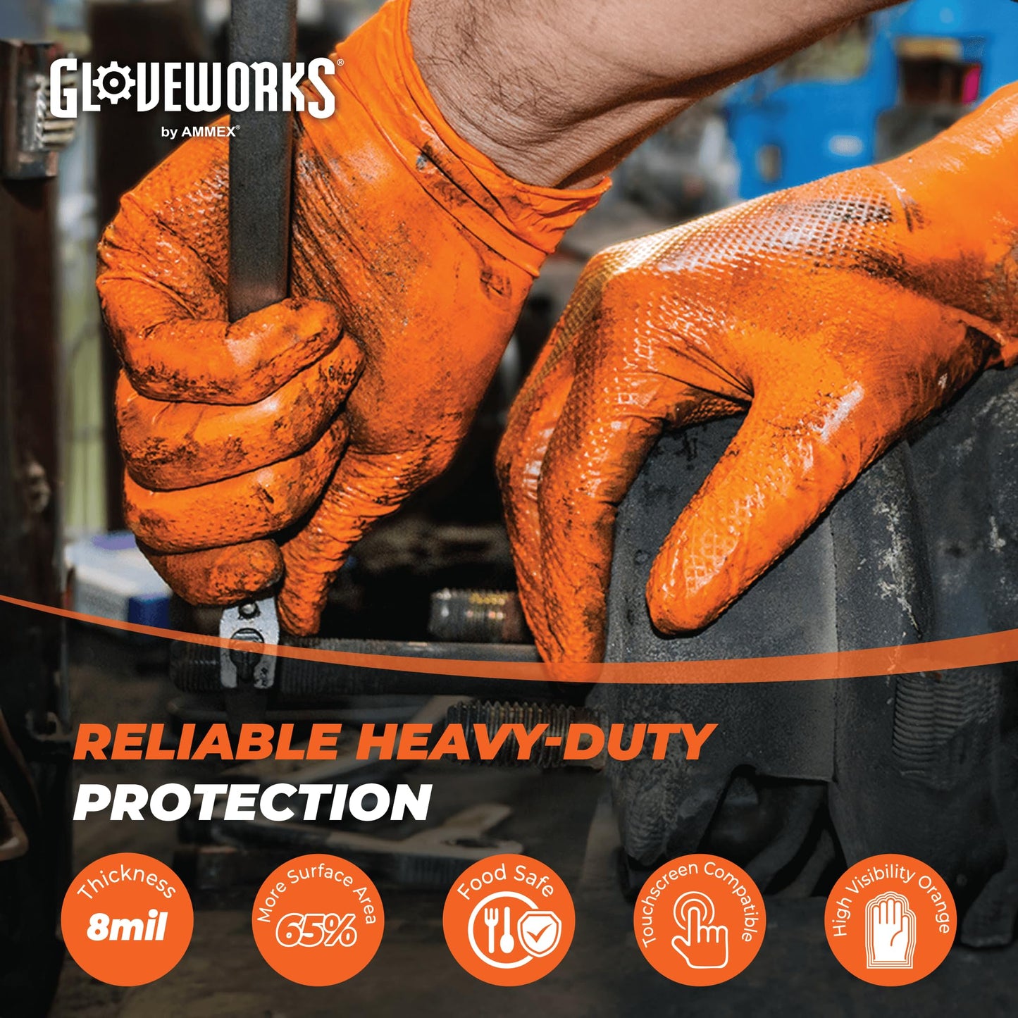 GLOVEWORKS 8 Mil Orange Nitrile Disposable Gloves Heavy Duty Industrial RDT for Mechanic and Automotive, Large 2 Boxes of 100