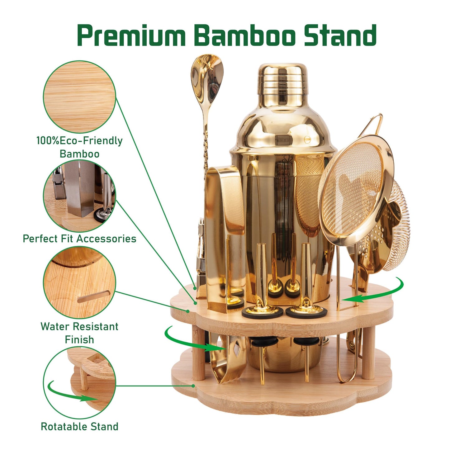 JWJIUEJIU Cocktail Shaker Set Bartender Kit with Rotatble Bamboo Stand,11 Piece Bar Set Stainless Steel Bar Accessories for Drink Mixing, Bar, Home, Party (Gold)