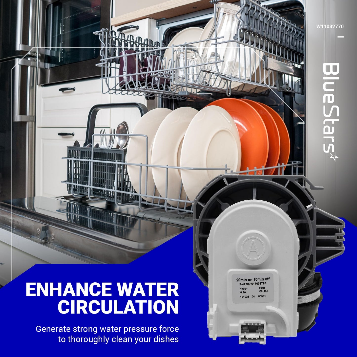 BlueStars W11032770 Dishwasher Circulation Pump Motor Assembly - Compatible with Whirlpool Kenmore KitchenAid Dishwashers - Replace WPW10529163 W10529163 W10885542 W10864037 W10816492