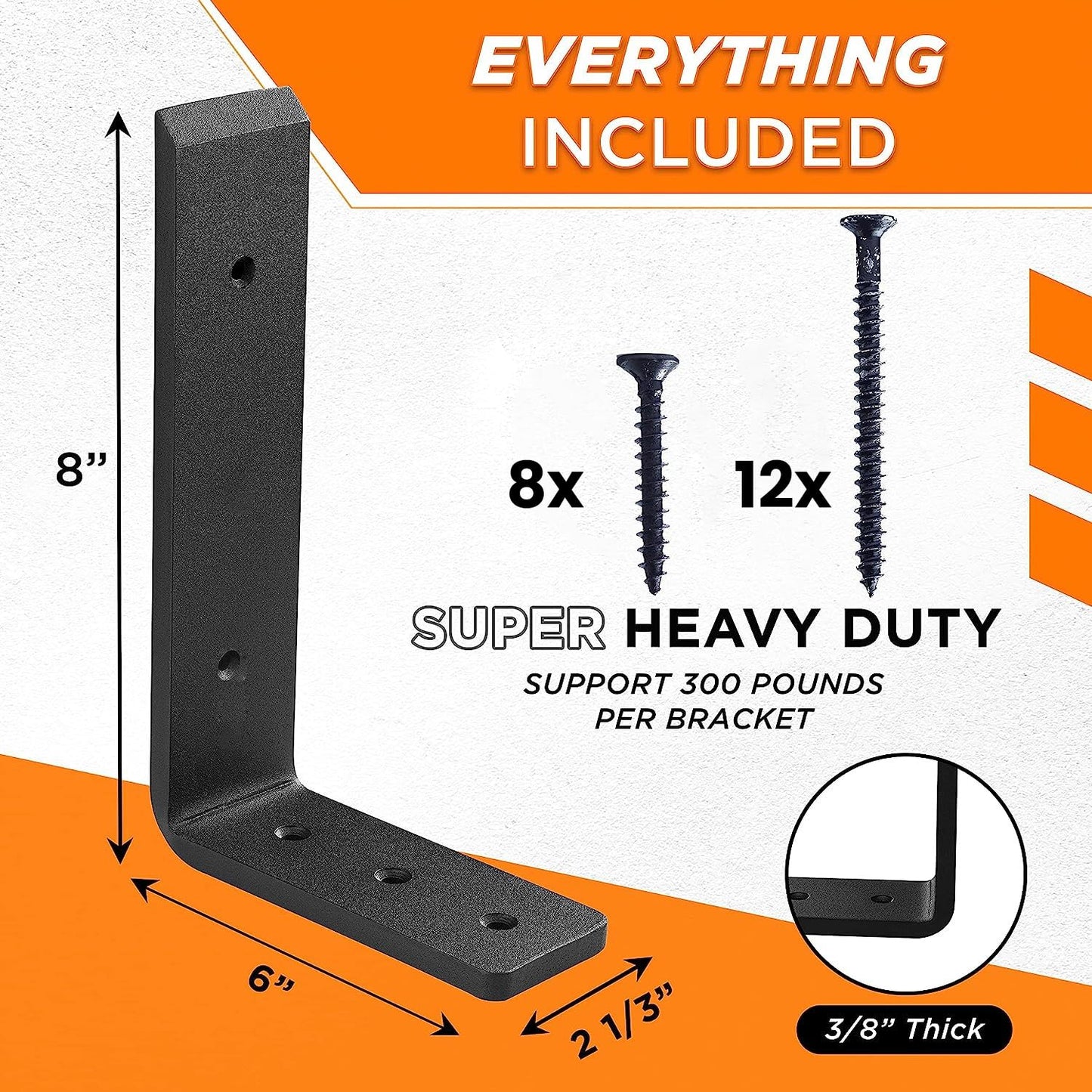 BATODA 8” Countertop Support Steel Brackets (4 PCS) for Large Granite - Heavy Duty L Floating Shelf Bracket - Black Metal Wall Mounted Support for Wood Shelving