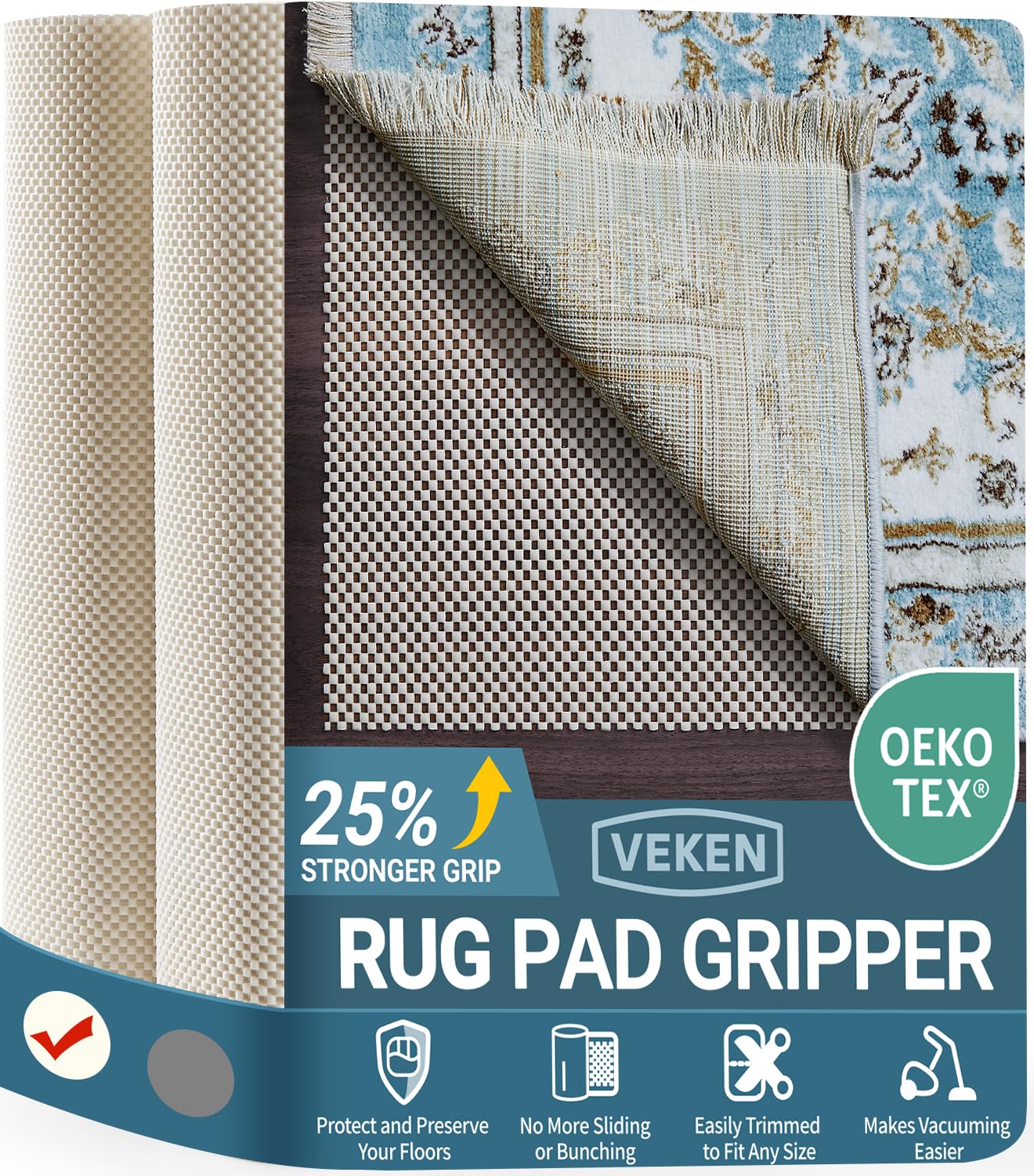 Veken 9x12 Ft Rug Pad Gripper for Hardwood Floors, Non Slip Rug Pads for Area Rugs, Thick Rug Grippers for Tile Floors, Under Carpet Anti Skid Mat, Keep Your Rugs Safe and in Place