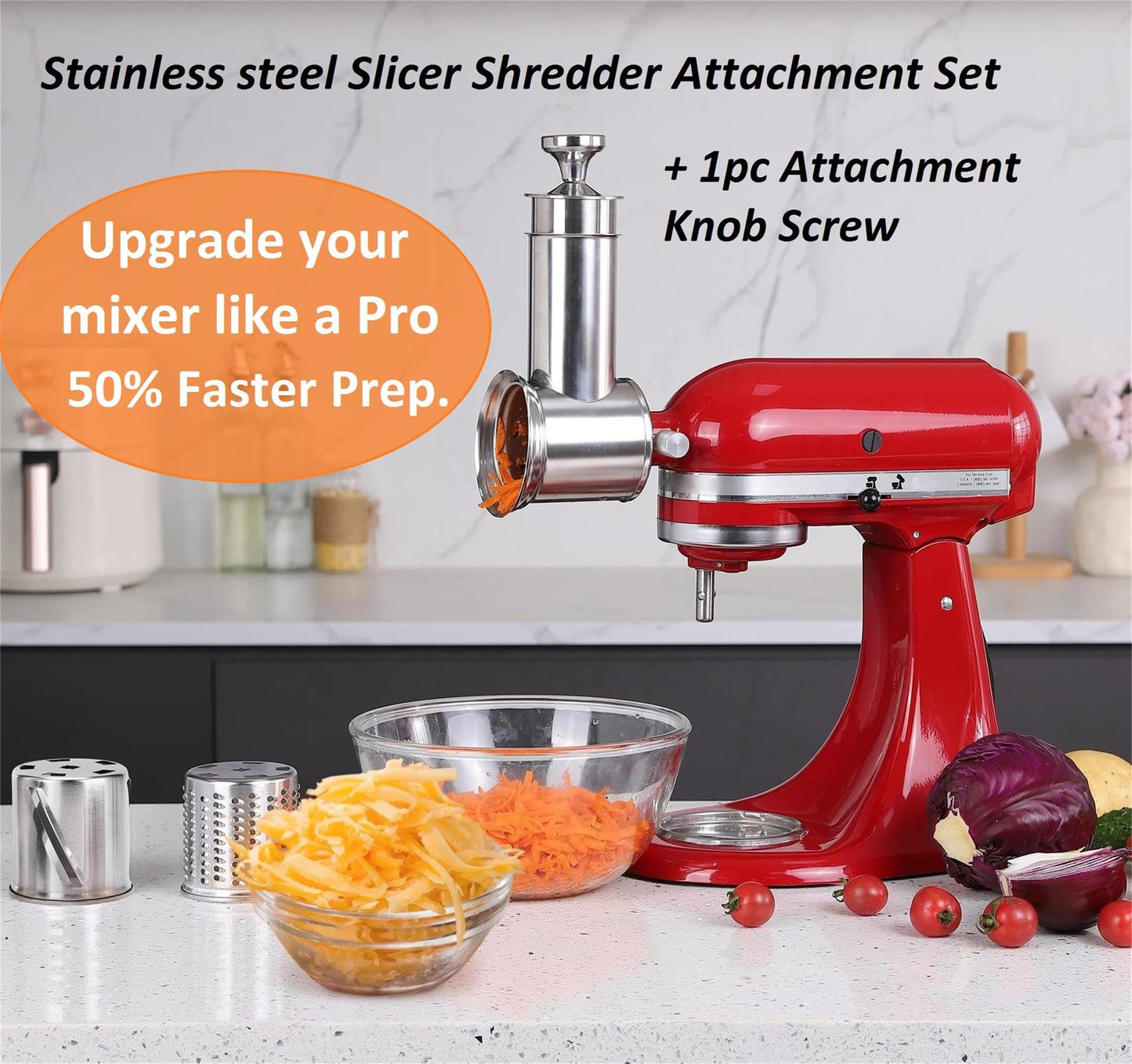 FavorKit Large Stainless Steel Slicer Shredder Attachment for KitchenAid Mixers, Dishwasher Safe Salad Maker, Cheese Grater Accessories with 3 Blades & 1 Knob Thumb Screw
