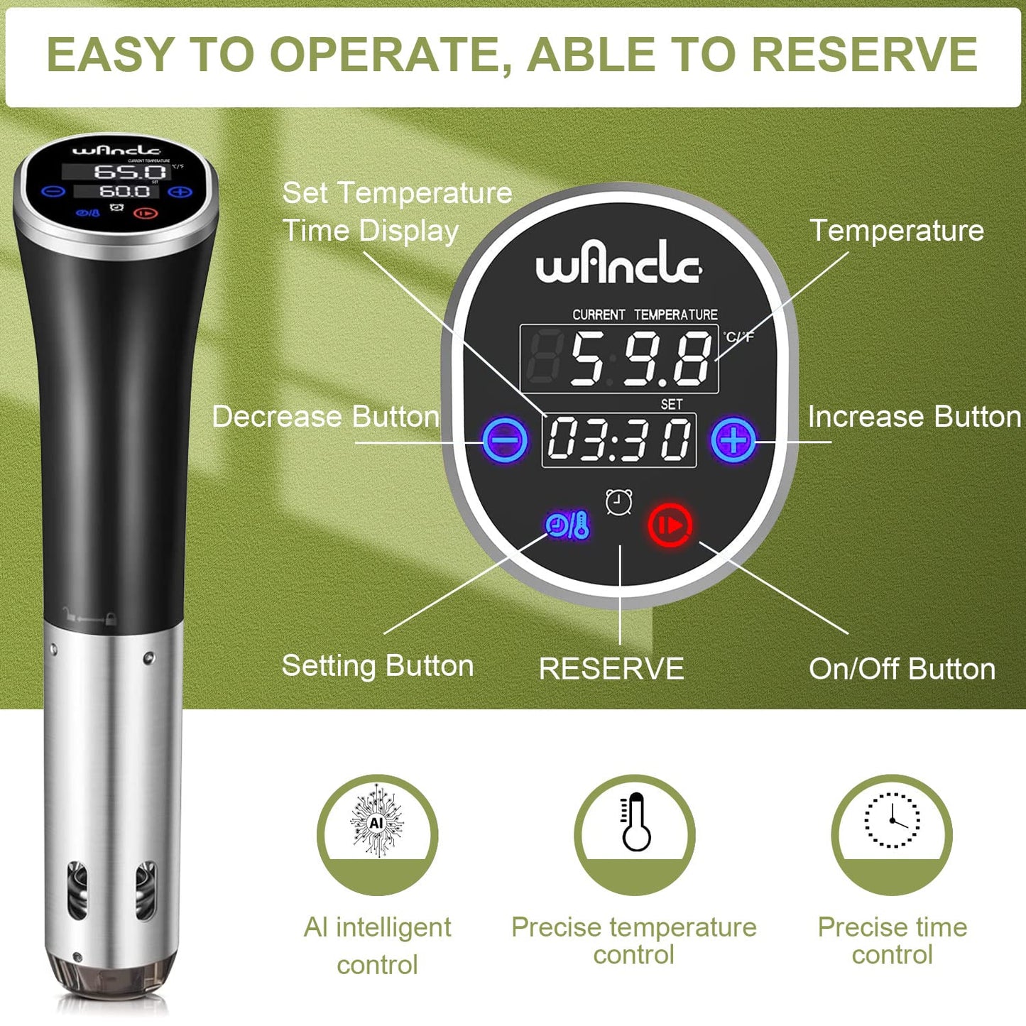 Sous Vide, Wancle Sous Vide Cooker 1100W IPX7 Waterproof Thermal Immersion Circulator With Reservation Function, Easy to store