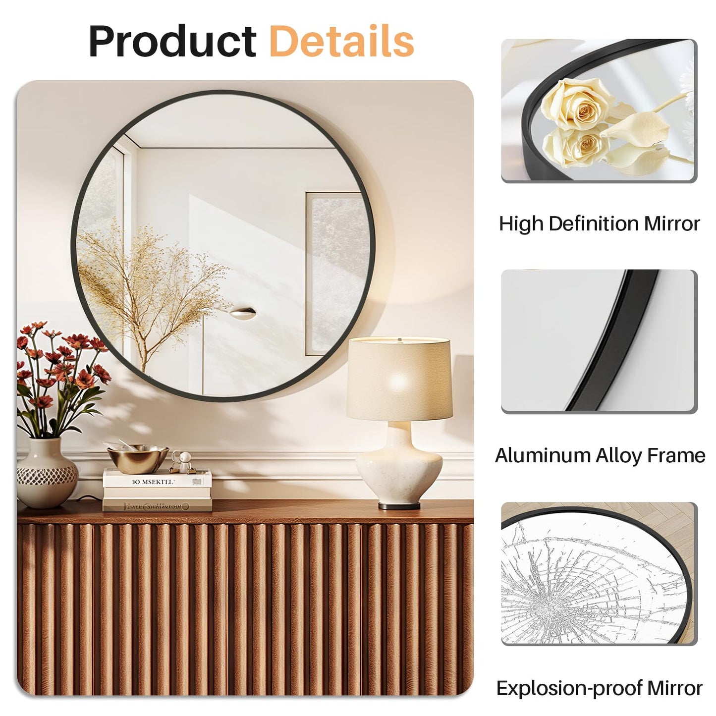 Atilioo Bathroom Mirror for Wall, 24 Inch Round Mirror, Matte Black Metal Framed Circle Vanity Mirror for Bathroom Bedroom Living Room Entryway, Anti-Rust, Tempered Glass, Hanging or Leaning