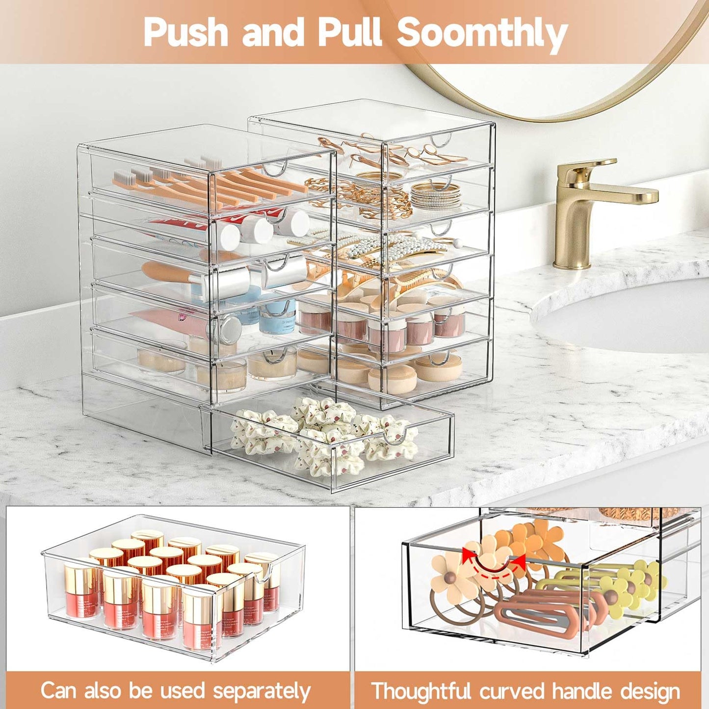 Makeup Drawer Storage Organizer with 24 Drawers, 4 Set Acrylic Office Desk Organization and Storage, Dustproof Drawer Organizer for Makeup, Office, Countertop, Jewelry, Pen, Desktop, Bathroom, Bedroom