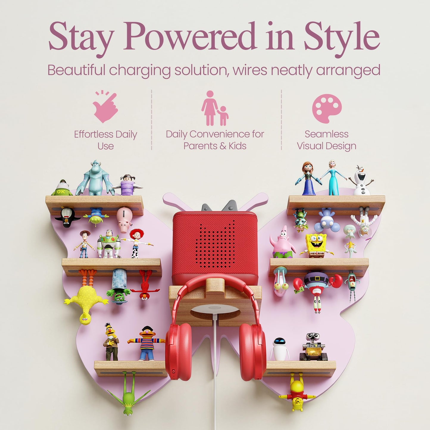 Rylo Collective Tonies Storage Shelf - 30+ Capacity Tonies Shelf Magnetic with Top and Upside Down Magnet Floating Station - Tonie Box Storage for Accessories, Toniebox Character Holder (Butterfly)