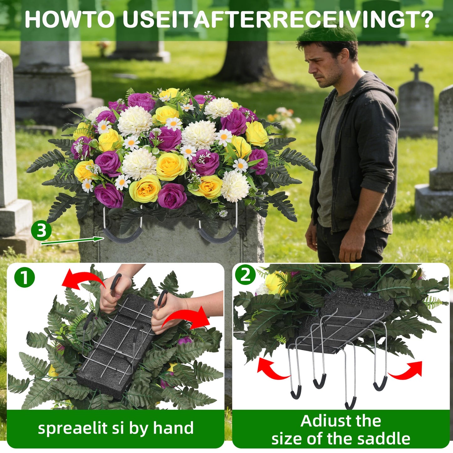 Wocst Headstone Flower Saddle,Large Artificial Cemetery Flowers for Grave Roses & Chrysanthemums Cemetery Memorial Flowers for Outdoor Grave Decorations (Purple)