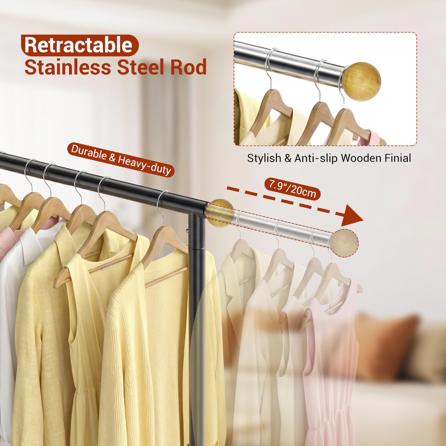 HRUSGO Rolling Garment Rack - Retractable Clothes Rack with Hanging Rods, Lockable Wheels and Bottom Storage Shelf - Sturdy Coat Rack, Freestanding Clothing Organizer for Bedroom, Laundry & Closet